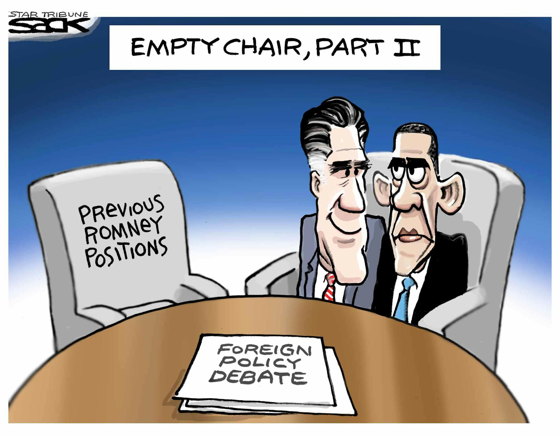 Steve Sack editorial cartoon for Oct. 24, 2012. Topic: Mitt Romney's repeated endorsements of President Obama's foreign policy positions in the last presidential debate.