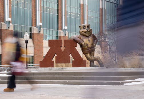 Pictured here: Students passed a statue of Goldy the gopher and the university’s logo during a class change at the University of Minnesota last month.