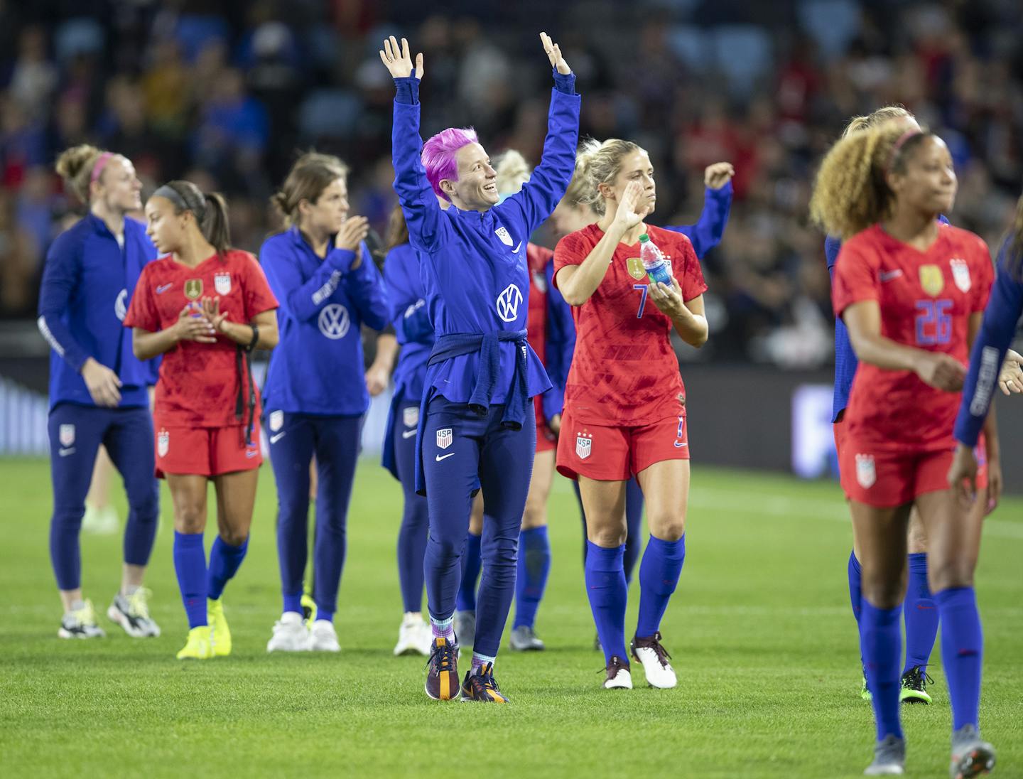 The U.S. women's national team, including many players who compete on teams in the National Women's Soccer League, greeted a capacity crowd of more than 19,000 people at Allianz Field after it defeated Portugal 3-0 on Tuesday.