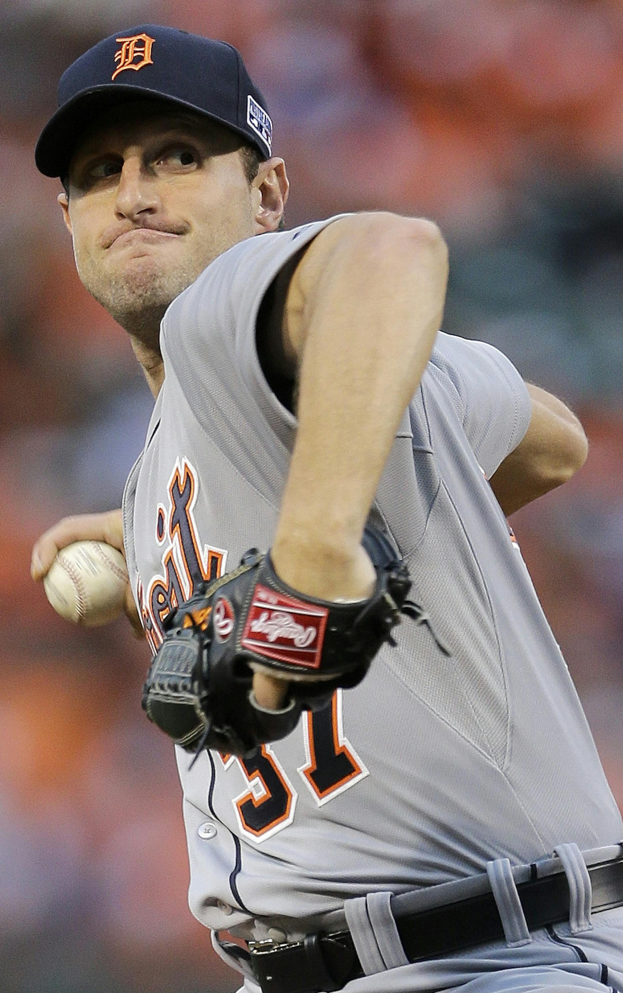 Detroit Tigers starting pitcher Max Scherzer throws in the second inning against the Baltimore Orioles during Game 1 of baseball's AL Division Series in Baltimore, Thursday, Oct. 2, 2014. (AP Photo/Patrick Semansky) ORG XMIT: BAB120