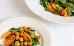 Warm Wilted Kale in Lemony Sesame Dressing With Crispy Chickpeas. Photo by Robin Asbell * Special to the Star Tribune