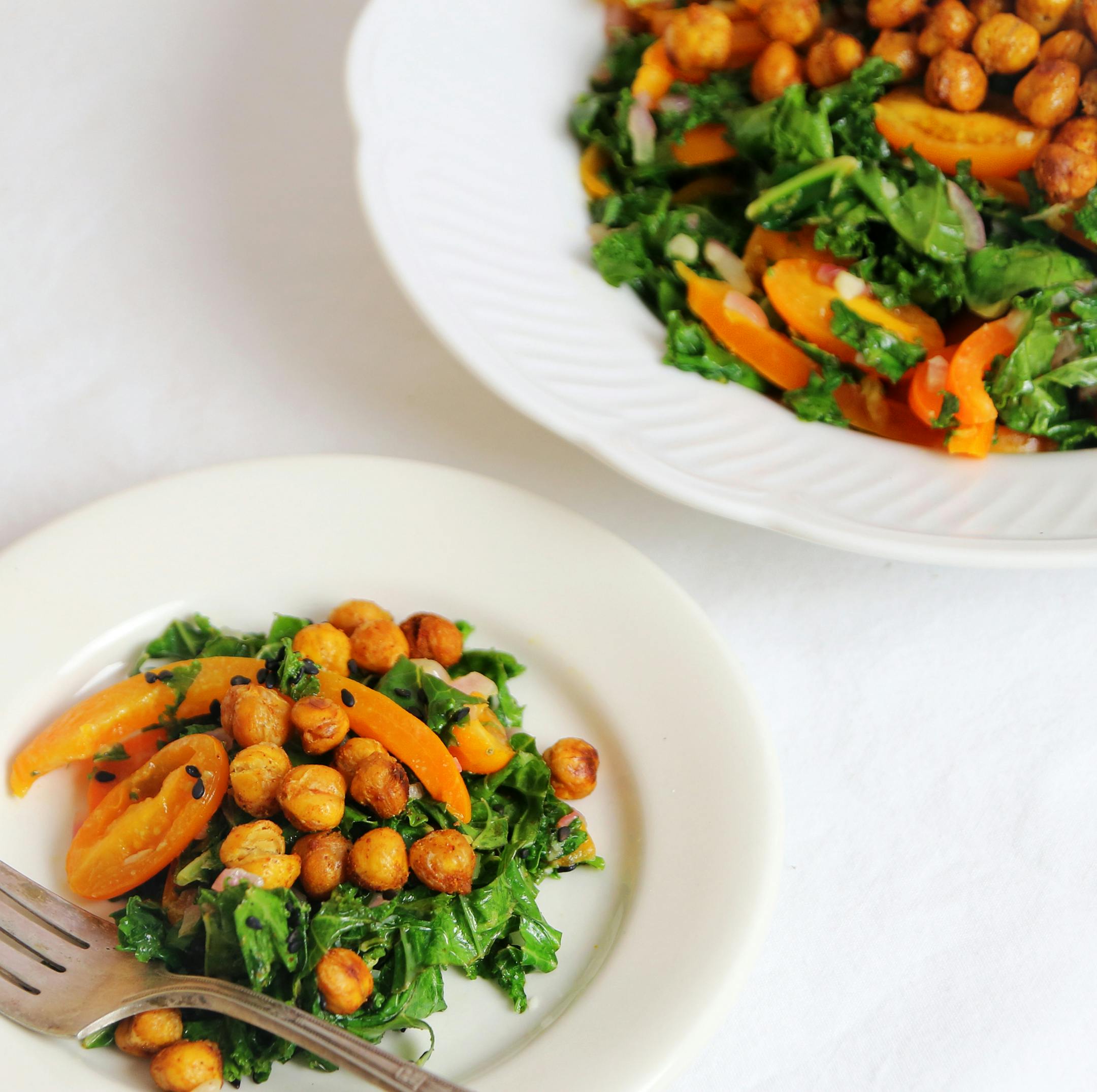 Warm Wilted Kale in Lemony Sesame Dressing With Crispy Chickpeas. Photo by Robin Asbell * Special to the Star Tribune