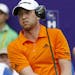 Daniel Berger watches his tee shot on the No. 1 tee of the FedEx St. Jude Classic Golf Tournament, Sunday, June 12, 2016, in Memphis, Tenn. Play was s