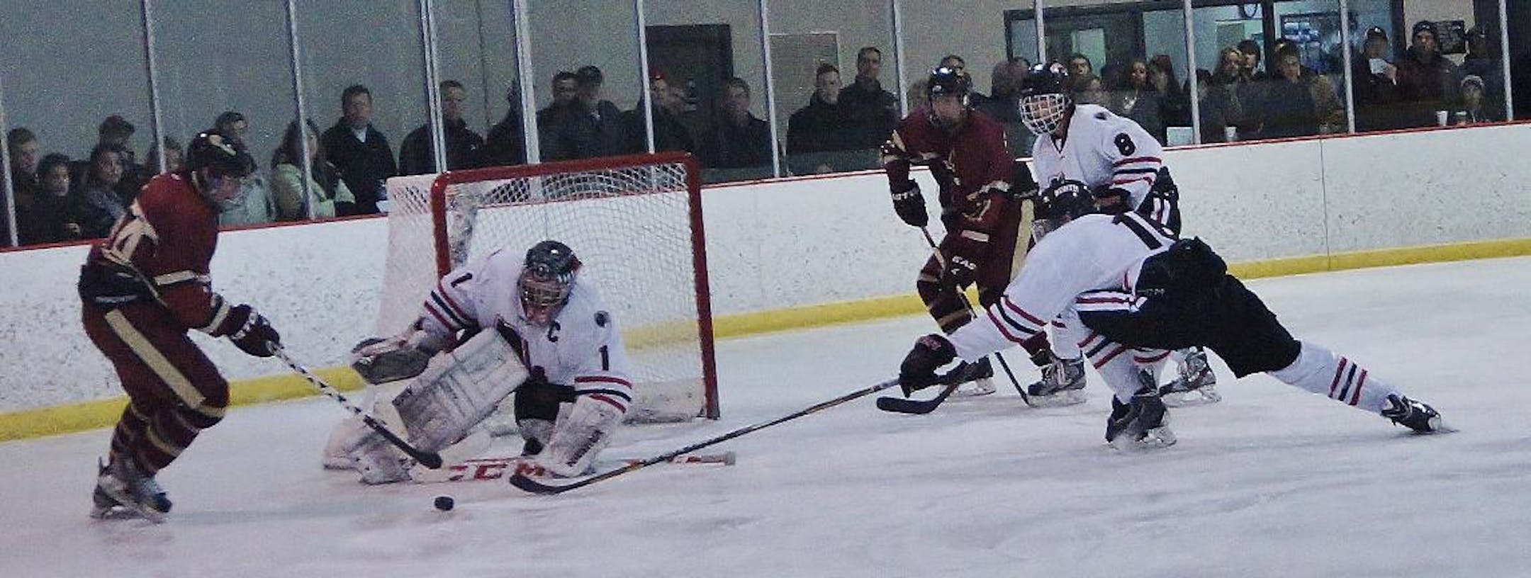 Jack Sadek blocks a shot for Lakeville North.