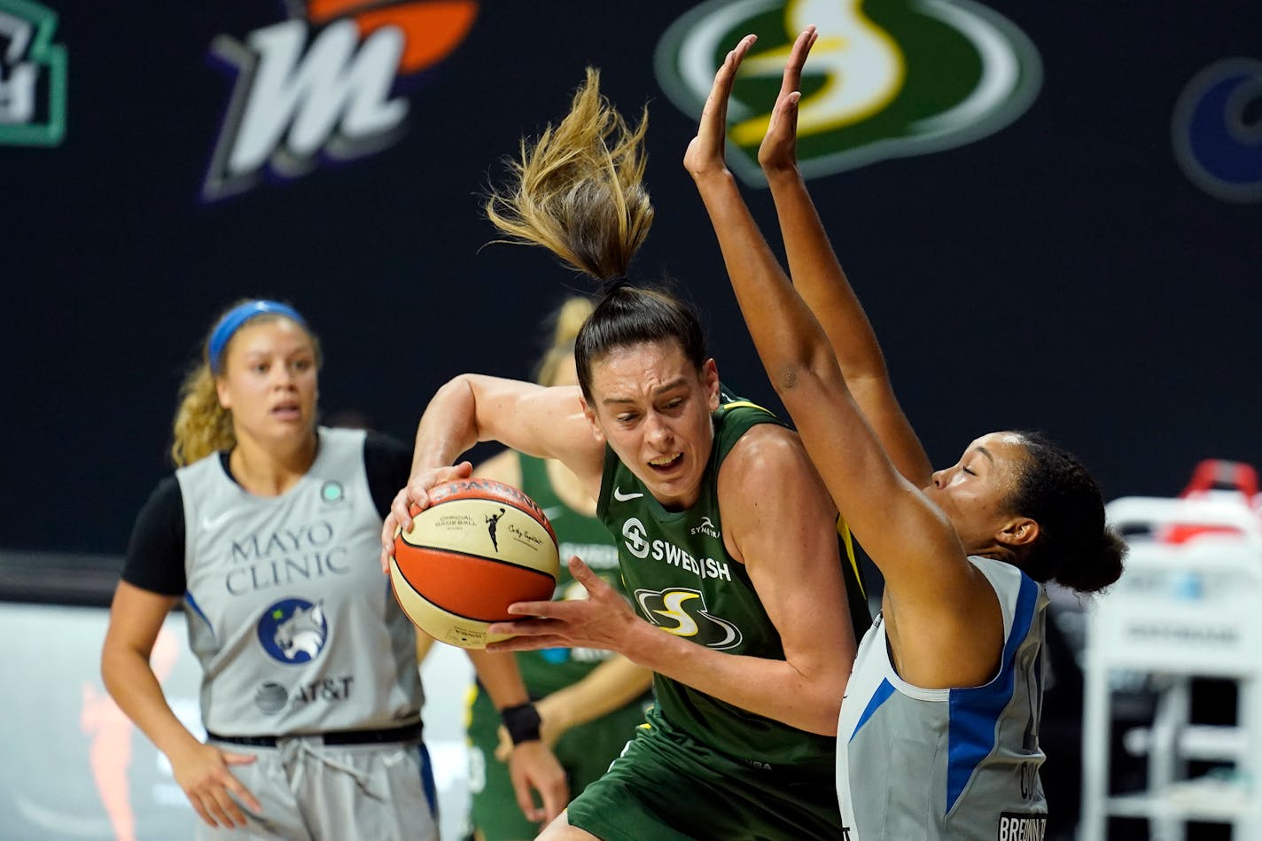 Seattle Storm forward Breanna Stewart runs into Minnesota Lynx forward Napheesa Collier during the second half of Game 2