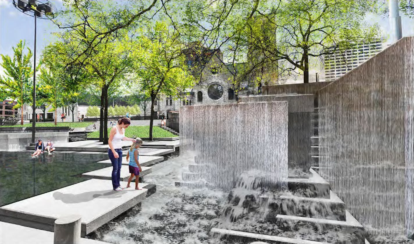 Past meets present: Water would once again entertain kids in Peavey Plaza as it did in 1975.