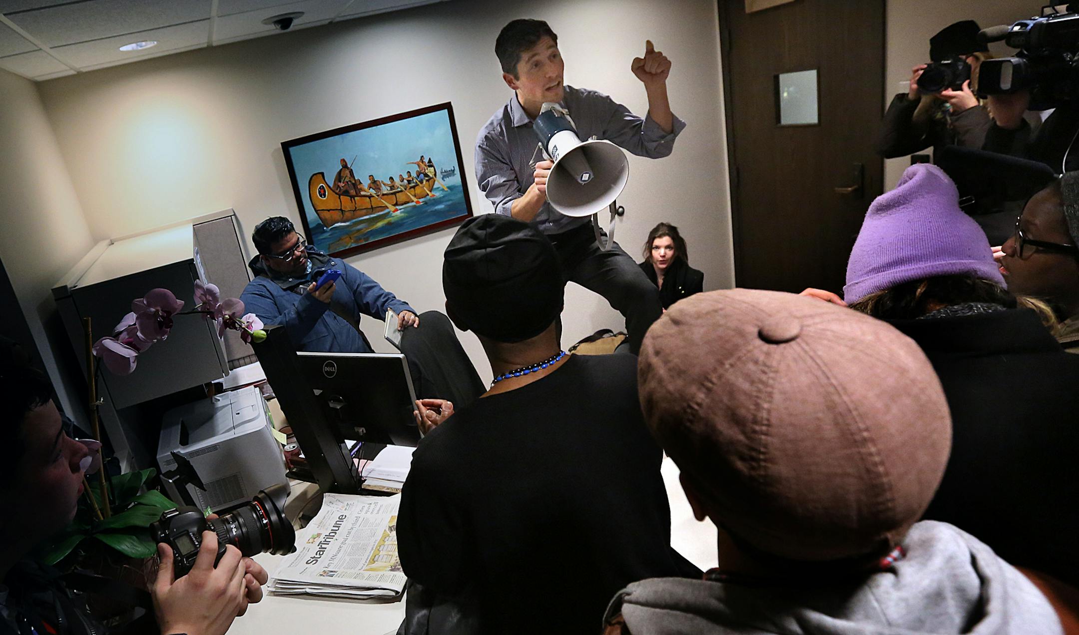 Minneapolis City Councilman Jacob Frey addressed demonstrators who had gathered in the City Council Offices at City Hall. ] JIM GEHRZ ‚Ä¢ james.gehrz@startribune.com / Minneapolis, MN / December 4 2014 /4:00 PM - BACKGROUND INFORMATION: Several hundred protestors converged on Minneapolis City Hall. Many expressed concerns over recent police shootings that have resulted in no indictments of police officers by grand juries. At one point, a group of protestors filled the City Counc