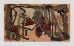 Steinzeit (Stone Age), acrylic, oil, lacquer, graphite on pleather. 2015 Michaela Eichwald, Private collection, Minneapolis