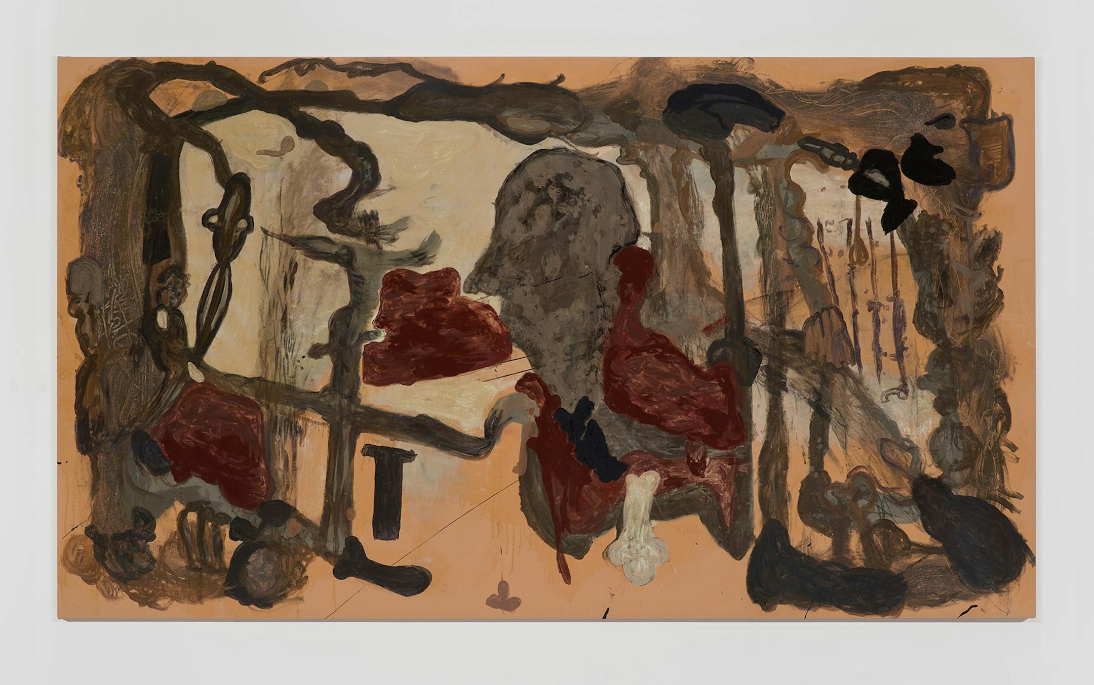 Steinzeit (Stone Age), acrylic, oil, lacquer, graphite on pleather. 2015 Michaela Eichwald, Private collection, Minneapolis