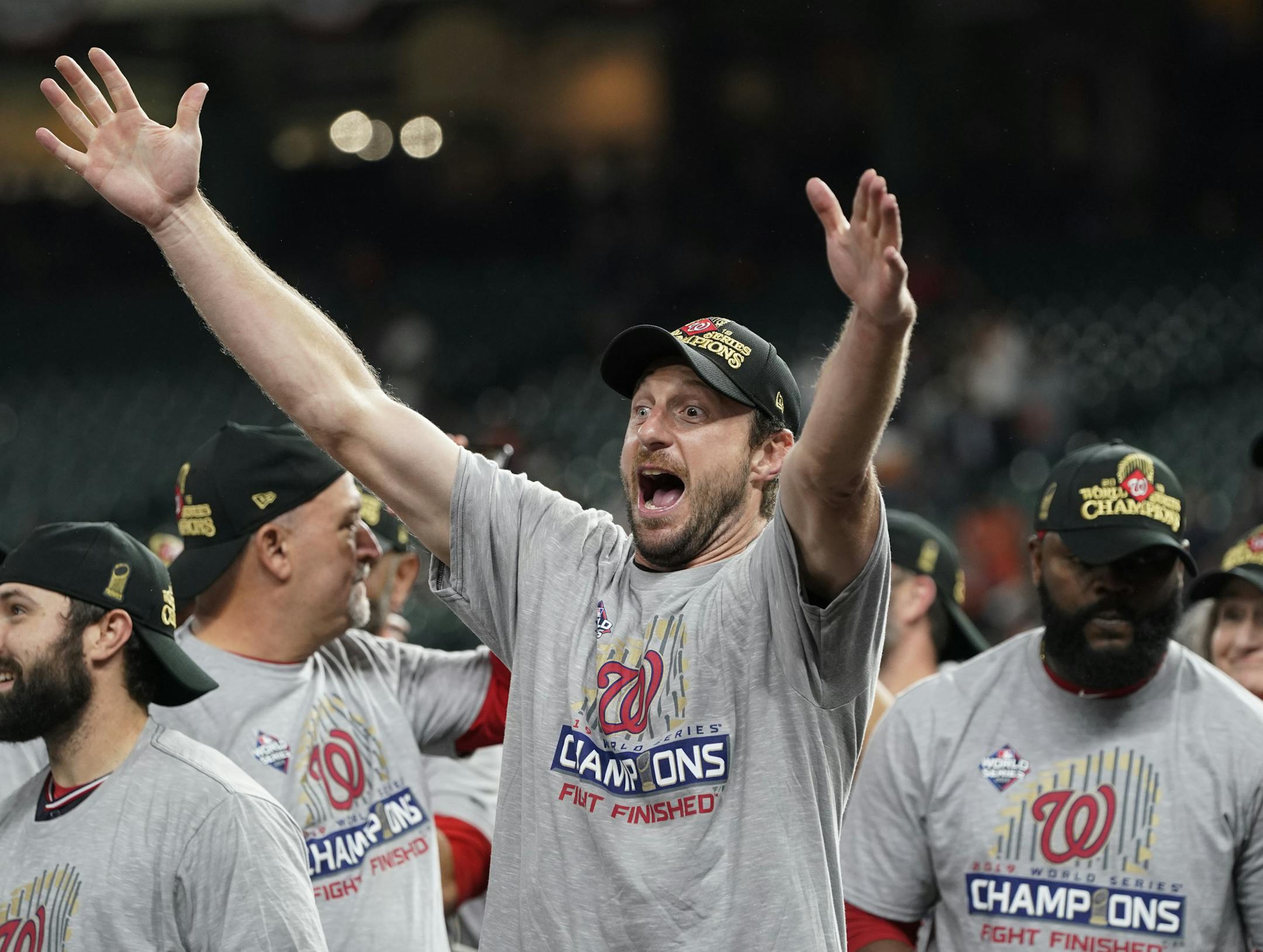 Washington Nationals starting pitcher Max Scherzer celebrates after Game 7 of the baseball World Series against the Houston Astros Wednesday, Oct. 30, 2019, in Houston. The Nationals won 6-2 to win the series. (AP Photo/David J. Phillip)