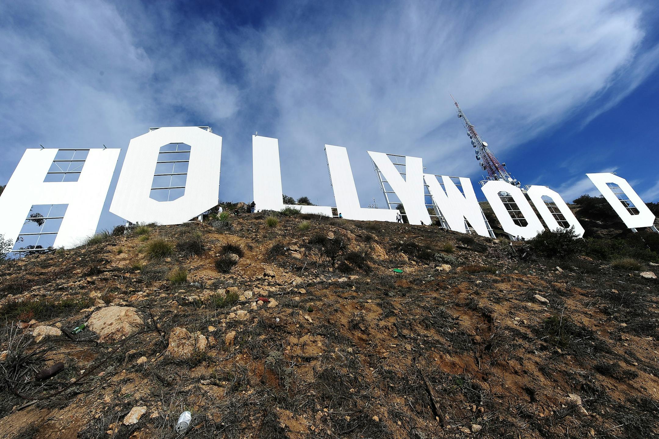 The freshly painted Hollywood sign is seen after a press conference to announce the completion of the famous landmark's major makeover, Dec. 4, 2012, in Hollywood, California. (Robyn Beck/AFP via Getty Images/TNS) ORG XMIT: 81269927W