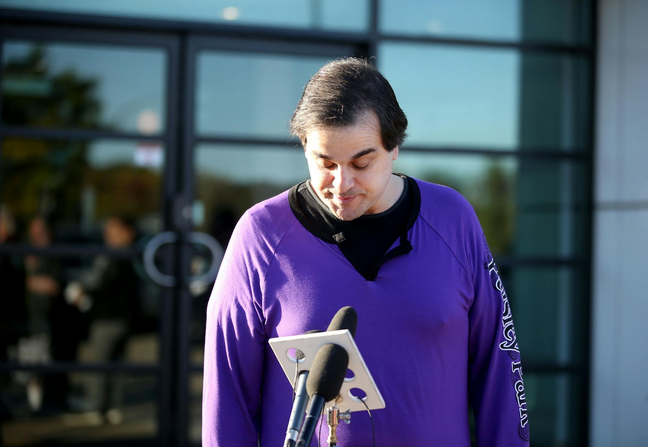 Joel Weinshanker, managing partner of P Park management, becomes emotional before speaking to media members before the first Paisley Park Tour Thursday, Oct. 6, 2016, in Chanhassen, MN.