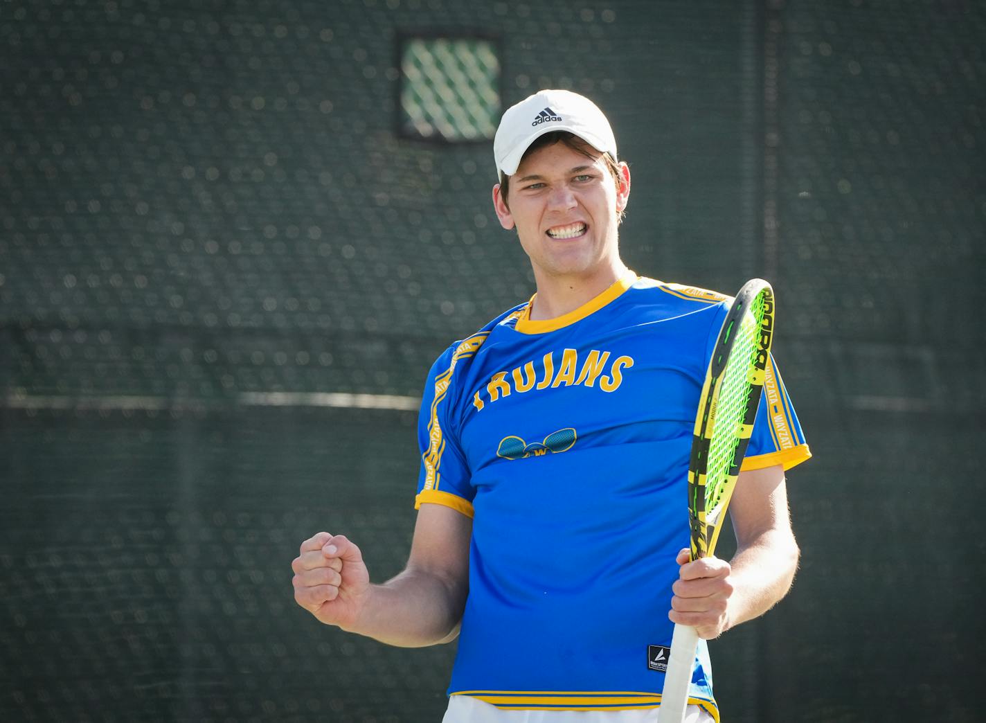 Collin Beduhn of Wayzata reacts after winning a point against Matthew Fullerton of Edina, at the Creek Valley Elementary School courts in Edina, Minn., on Tuesday, April 25, 2023. Beduhn won 6-4, 3-6, 10-7 in final tie breaker.