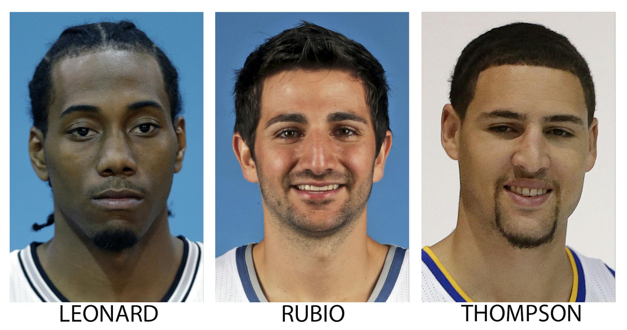 FILE - These are 2014, file photos showing San Antonio Spurs' Kawli Leonard, Minnesota Timberwolves' Ricky Rubio and Golden State Warriors' Klay Thompson. They were all in heated contract extension negotiations as the deadline neared. The problem is, that deadline is after regular season games start, leading some to call for it to be moved. (AP Photo/File) ORG XMIT: NY172