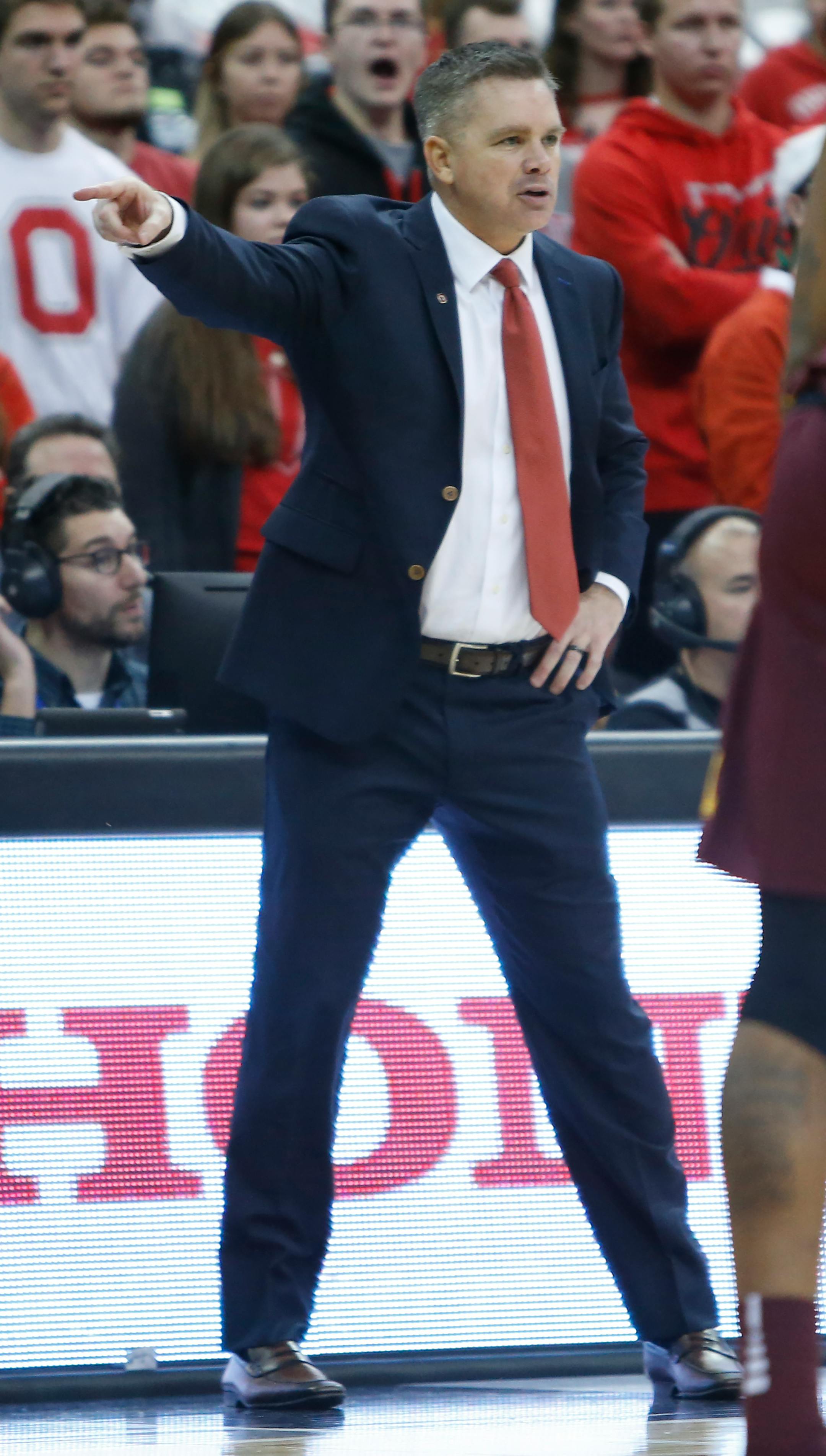 Ohio State head coach Chris Holtmann instructs his team against Minnesota during the second half of an NCAA college basketball game Sunday, Dec. 2, 2018, in Columbus, Ohio. Ohio State beat Minnesota 79-59. (AP Photo/Jay LaPrete)