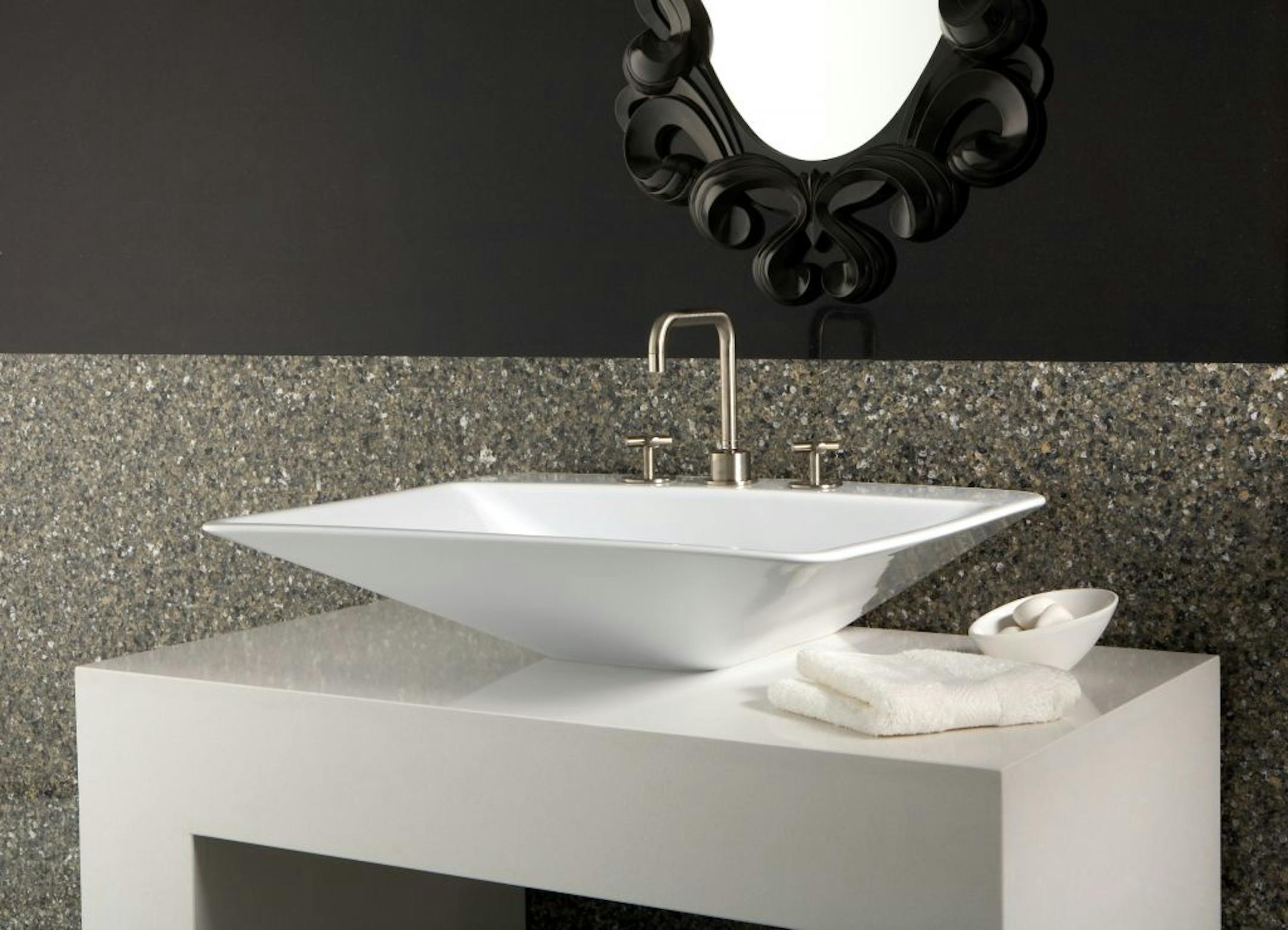 A White Cliff countertop from Cambria offers a blank canvas for other colors in this bathroom.Provided by Cambria