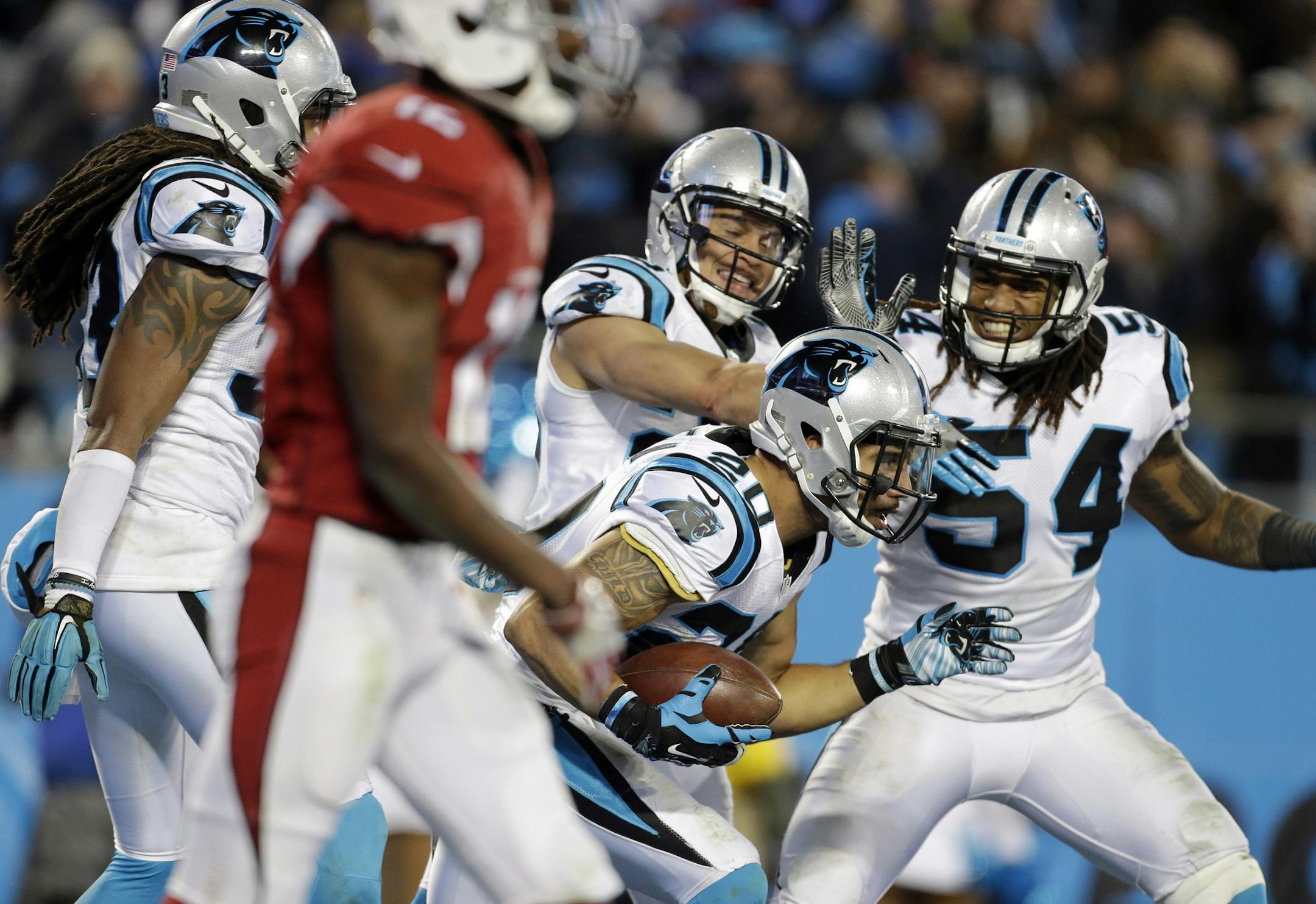 Kurt Coleman (20), who auditioned for the Vikings in 2014, had a memorable night for Carolina in the NFC title game Sunday.