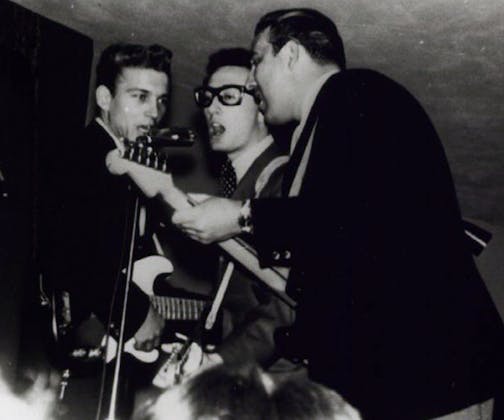 Buddy Holly performing with Waylon Jennings and Tommy Allsup at the Fiesta Ballroom, Montevideo