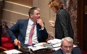 Senate Minority Leader Mark Johnson, R-East Grand Forks, and Senate Majority Leader Erin Murphy, DFL-St. Paul, exchange heated words over the pace of
