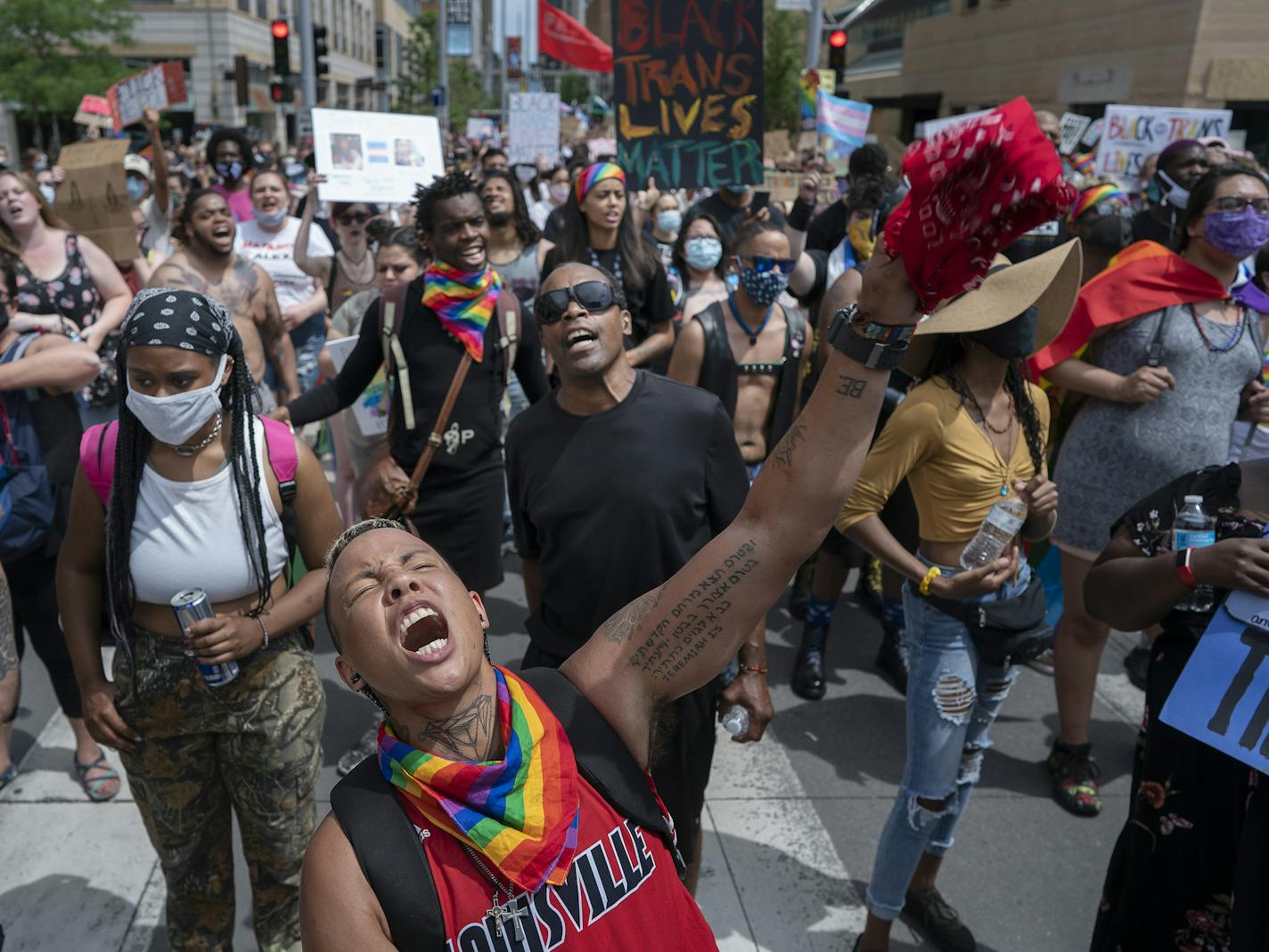 Alexander Hamline of St. Paul marched with protesters on Nicollet Mall in Minneapolis during the Taking Back Pride event on Sunday, June 28.