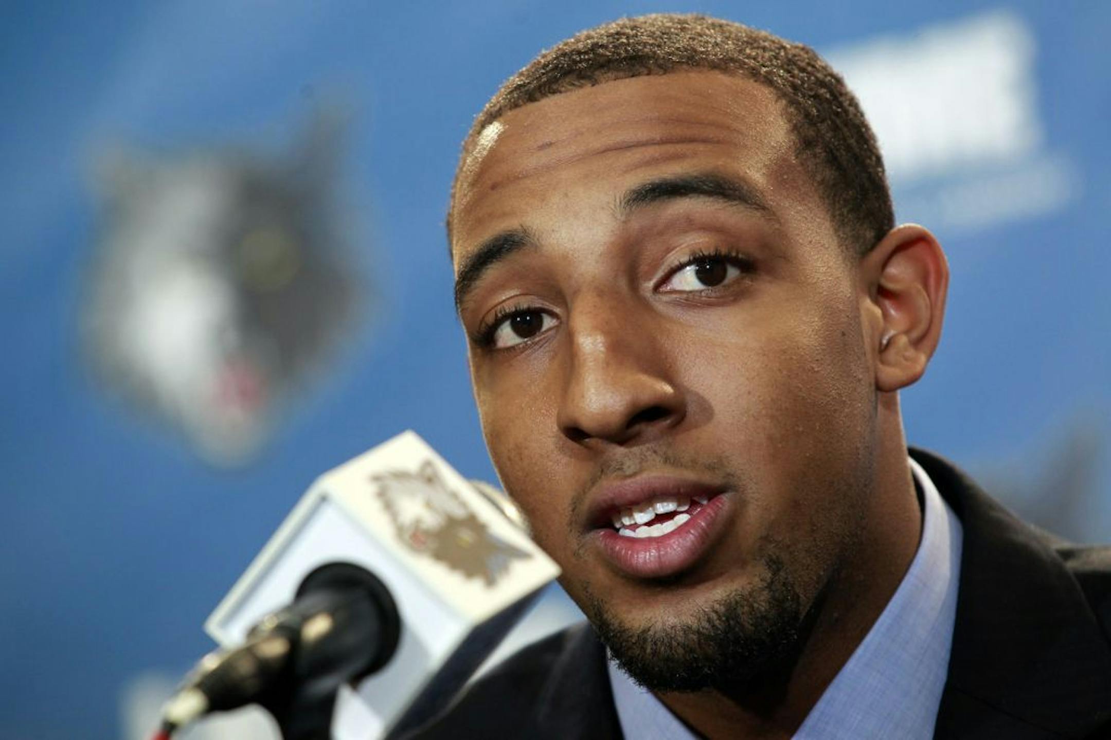 Derrick Williams answers questions from the media.