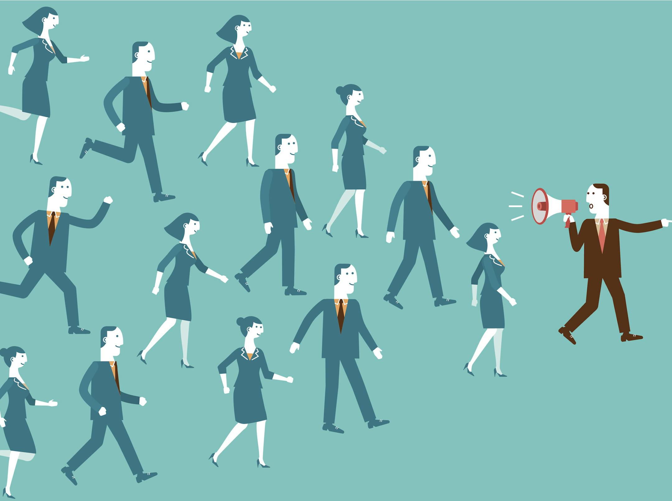 A team leader talking through megaphone and showing direction.