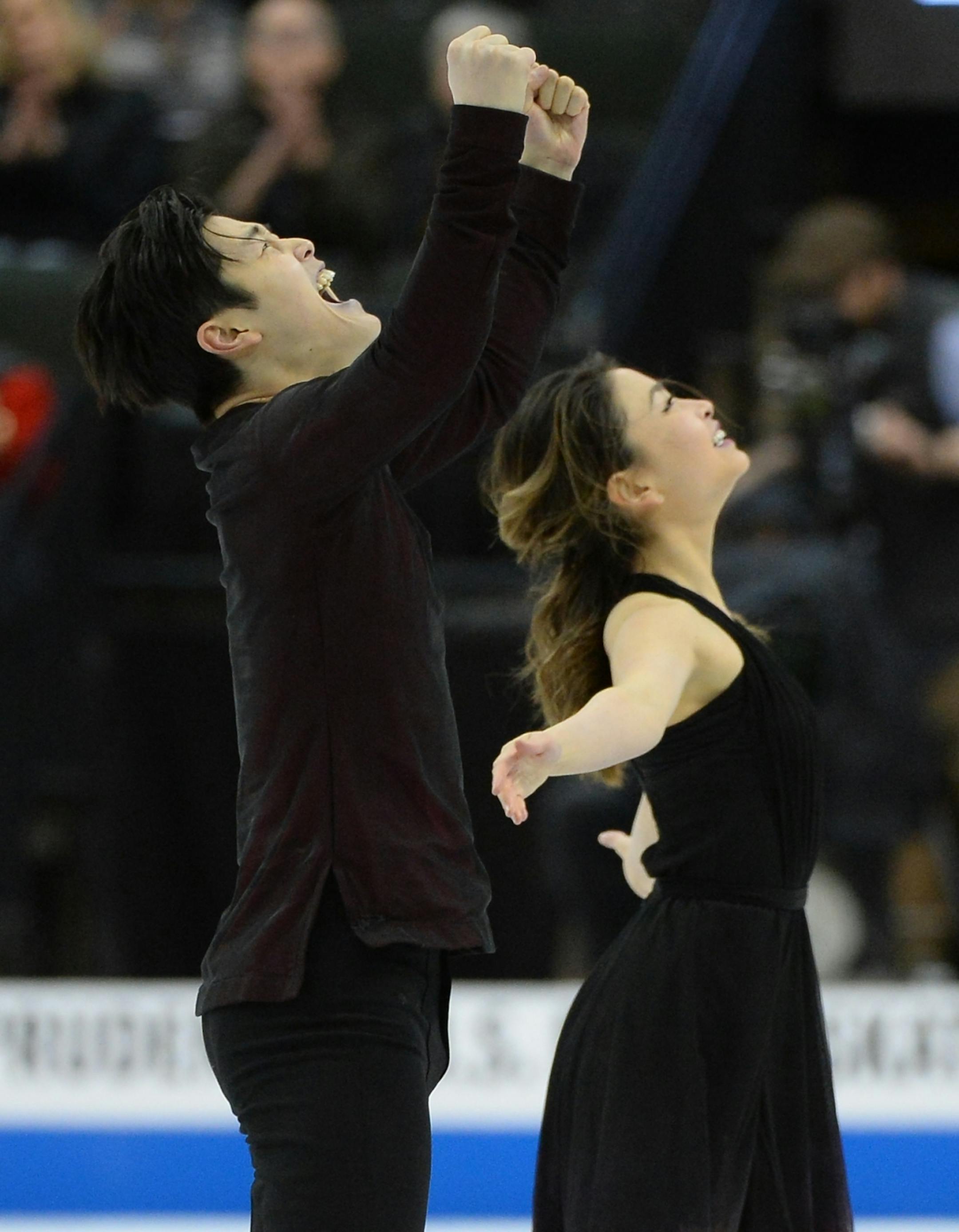 Maia Shibutani and Alex Shibutani celebrated after performing in the Championship Free Dance program Saturday night with a score of 115.47. The Shibutanis won the overall dance championship with an overall score of 190.14.