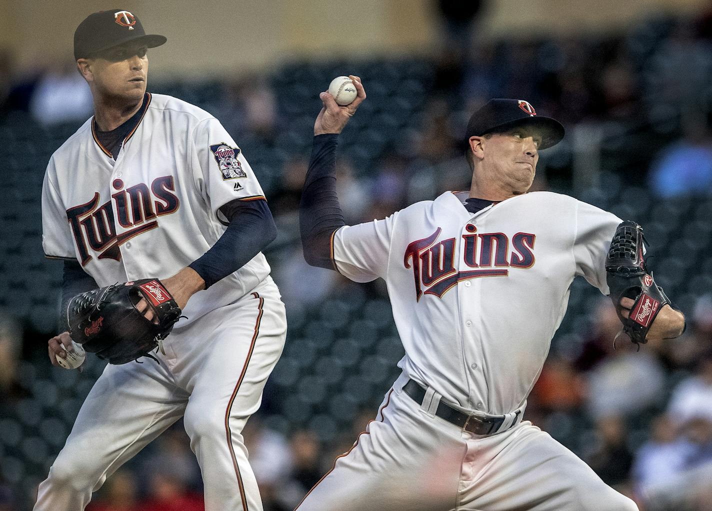 Twins starting pitcher Kyle Gibson in the fourth inning. (Editorial Note &#x2013; Photo made by a double exposure in the camera.) ] CARLOS GONZALEZ &#x2022; cgonzalez@startribune.com &#x2013; Minneapolis, MN &#x2013; April 16, 2019, Target Field, MLB, Minnesota Twins vs. Toronto Blue Jays