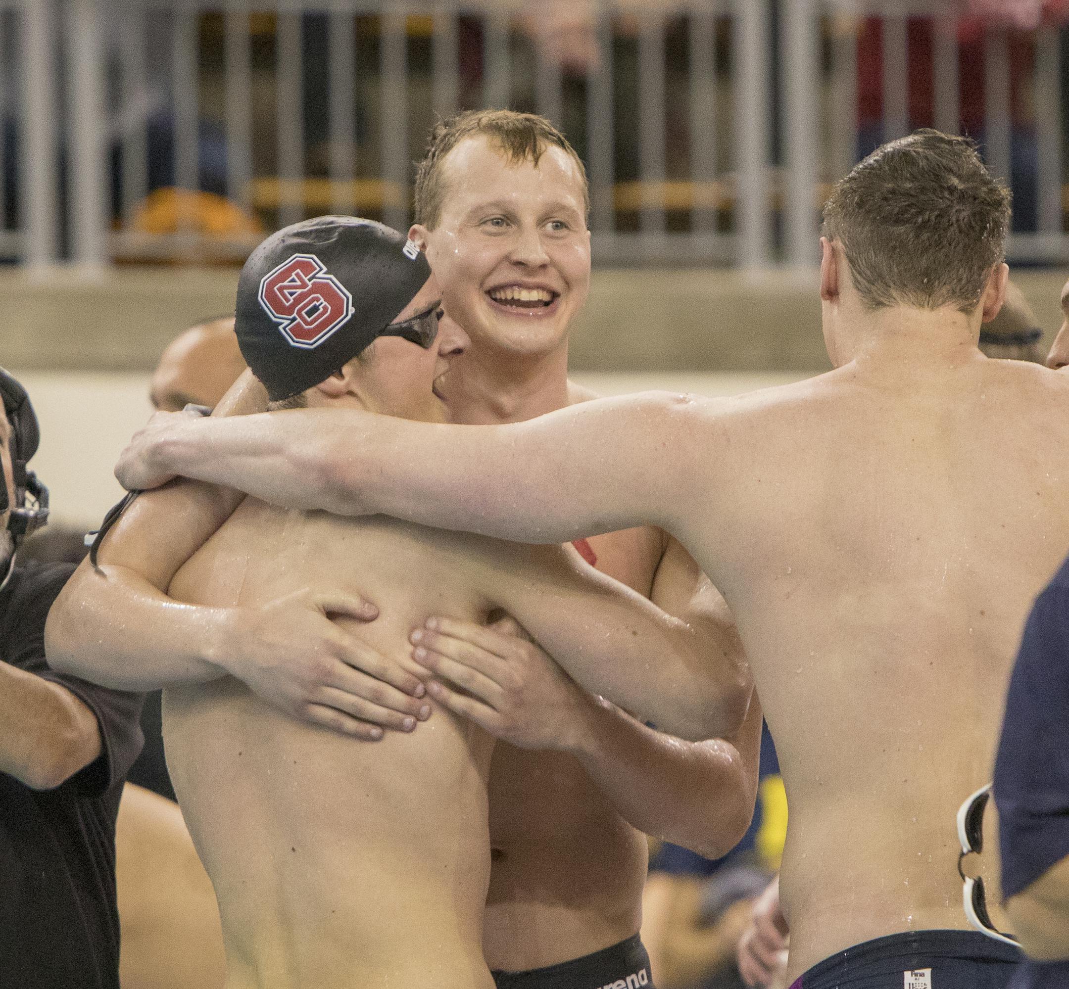 NC State wins the 400 Freestyle Relay, breaking their record set the night before. [ Special to Star Tribune, photo by Matt Blewett, Matte B Photography, matt@mattebphoto.com, March 24, 2018, University of Minnesota Aquatic Center, 2018 NCAA Division 1 Men's Swimming & Diving Championships, Minnesota, SAXO 1005739366 USWIM032518