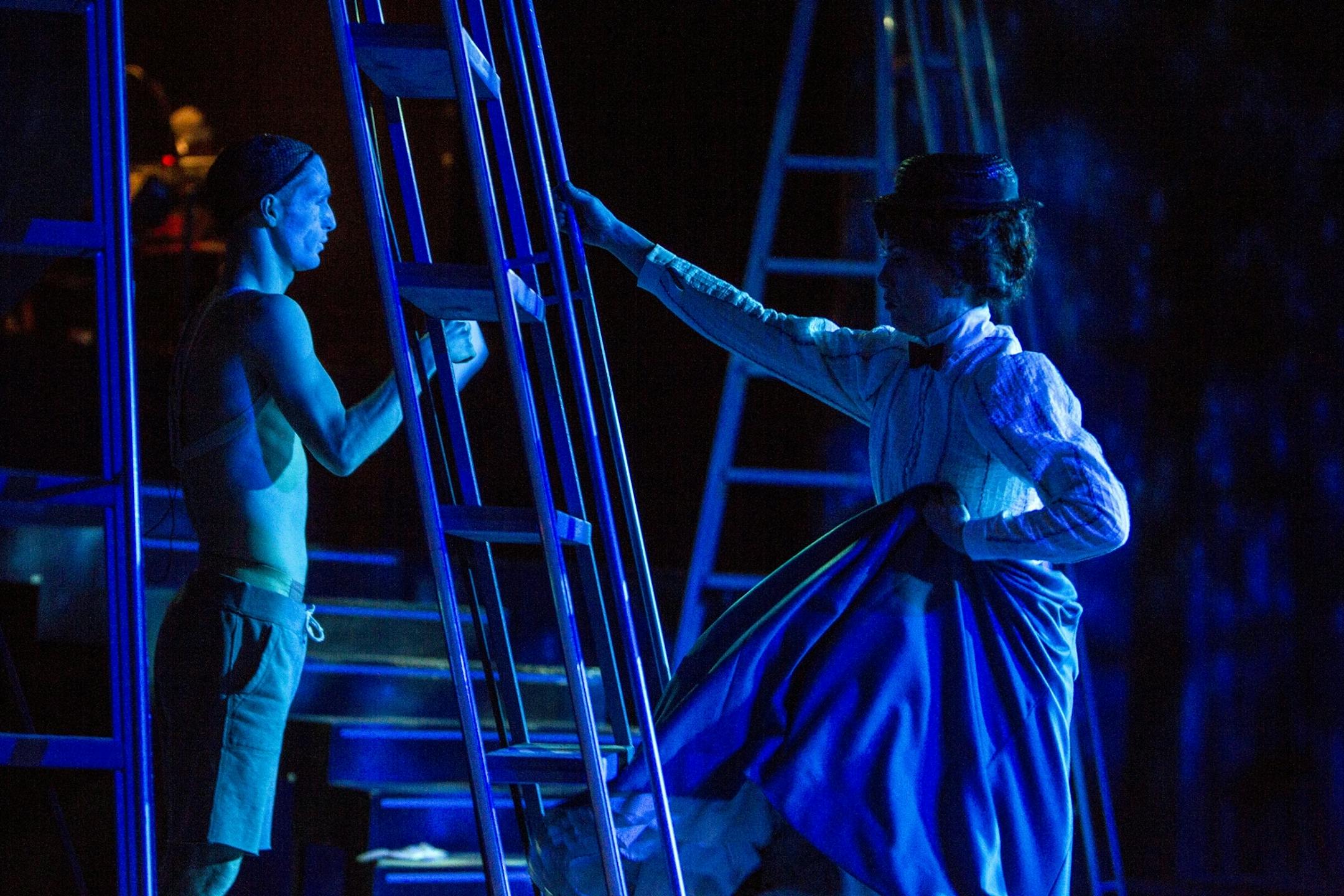 Ann Michels as Mary Poppins marks her stage movements during pre-rehearsal sound check at Chanhassen Dinner Theatres February 26, 2015.