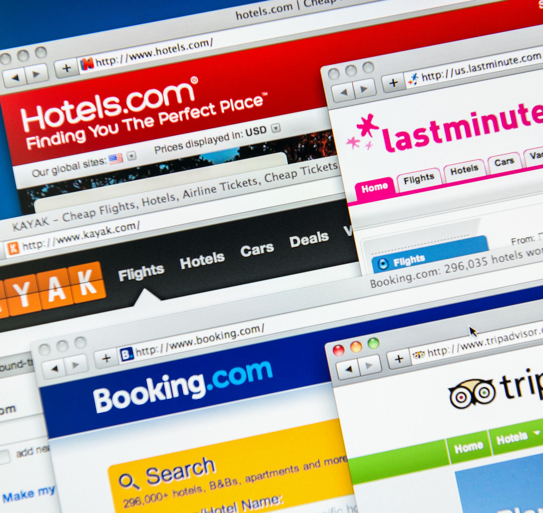 Close up of the most famous website for searching travel deals on the web browser. The image show Hotels.com, Kayak, last minute.com, booking.com, and tripadvisor. These are the best way on the web to find the right deals on hotel, flights and for rent a car. Safari web browser. istock photo