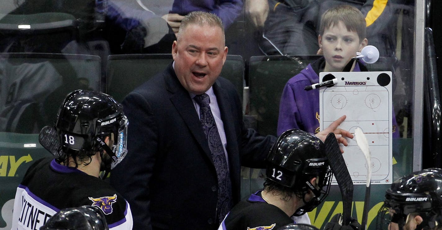 FILE - In this Saturday, March 21, 2015 file photo, Minnesota State Mankato head coach Mike Hastings talks with his players during the third period of the WCHA Final Five college championship hockey game against Michigan Tech in St. Paul, Minn. The NCAA men's hockey tournament bracket this year would have made Herb Brooks proud. For the first time, all five Division I programs from Minnesota made the 16-team field. Minnesota is the No. 3 overall seed.. (AP Photo/Ann Heisenfelt, File)