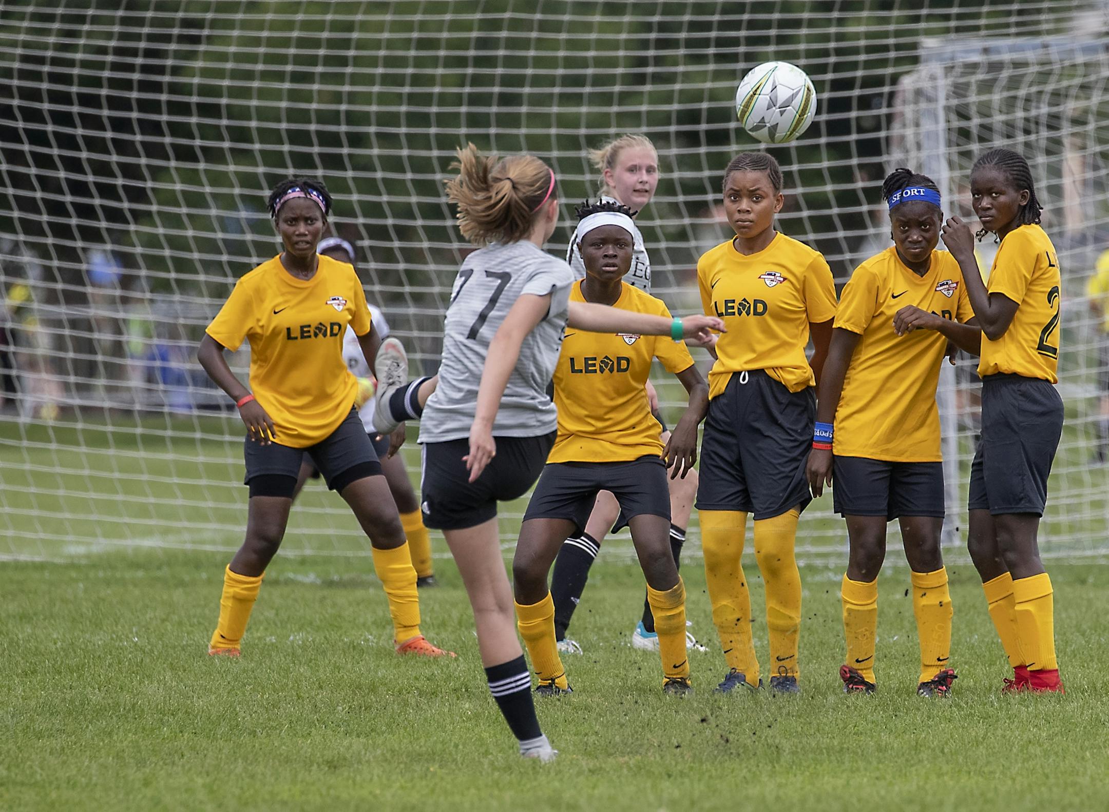 The Monrovia Football Academy lined up to defend a penalty kick as they took on Eclipse Select MN Regional during the USA Cup tournament, Tuesday, July 16, 2019 at the National Sports Center in Blaine, MN. The youth soccer team from Liberia traveled to Minnesota for its first trip to the States, to play in the mega-tourney and were supported by the local Liberian community. Monrovia defeated Minnesota 9-1.