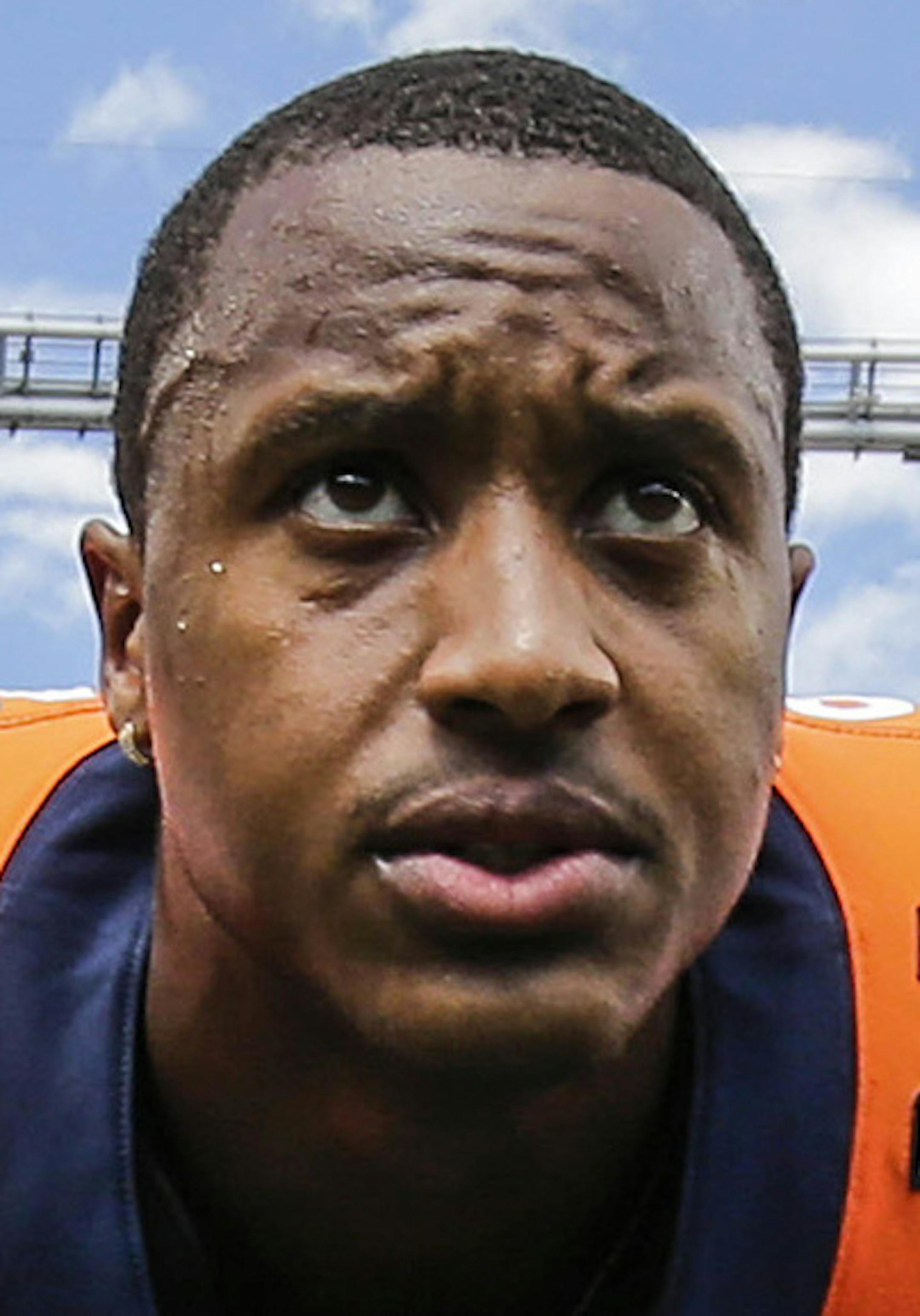 Denver Broncos wide receiver Courtland Sutton (14) stretches prior to an NFL football game against the Oakland Raiders, Sunday, Sept. 16, 2018, in Denver. (AP Photo/Jack Dempsey) ORG XMIT: OTK