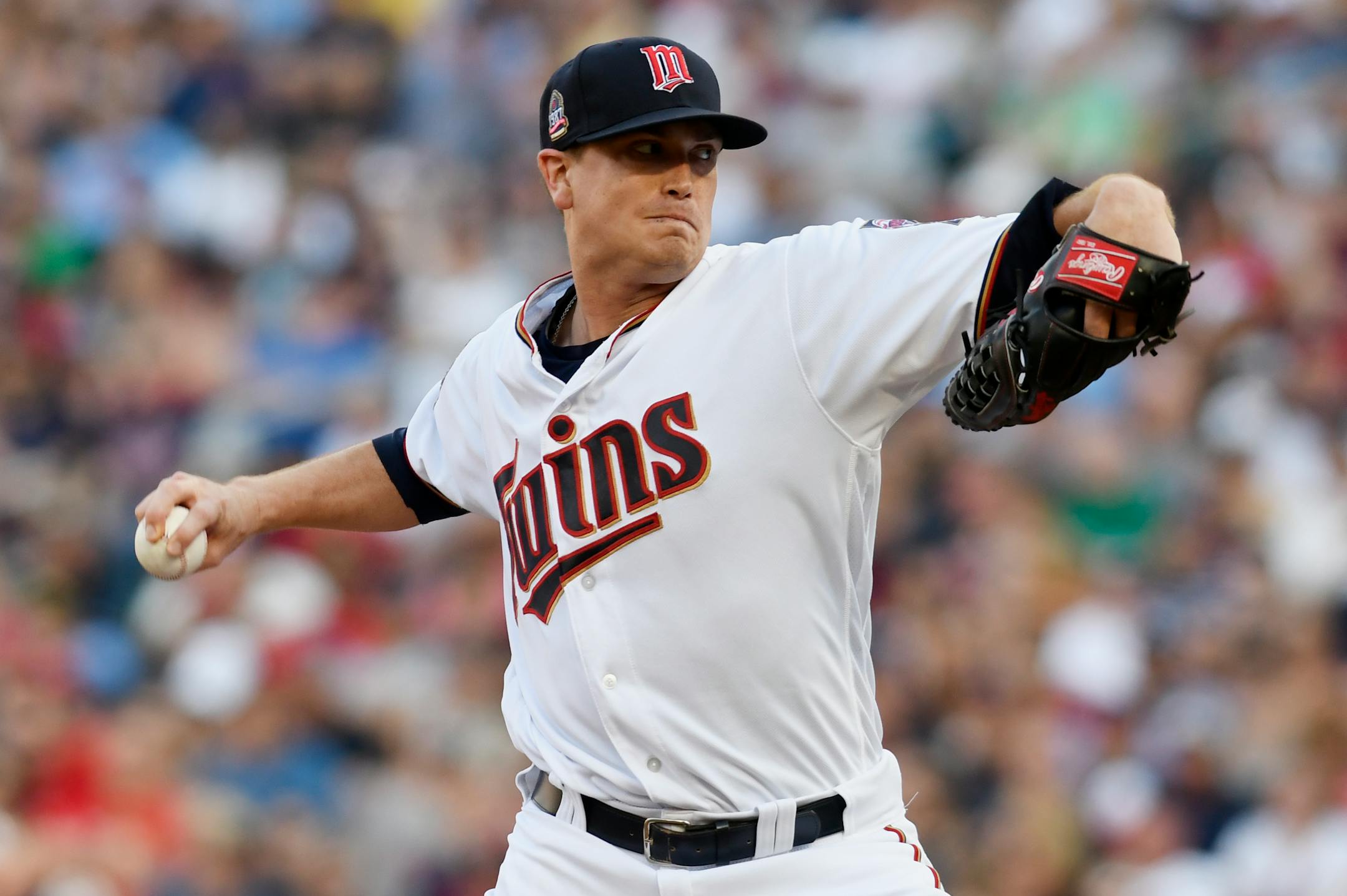 Minnesota Twins pitcher Kyle Gibson throws to the Detroit Tigers during the first inning of a baseball game Saturday, July 22, 2017, in Minneapolis. (AP Photo/Tom Olmscheid)
