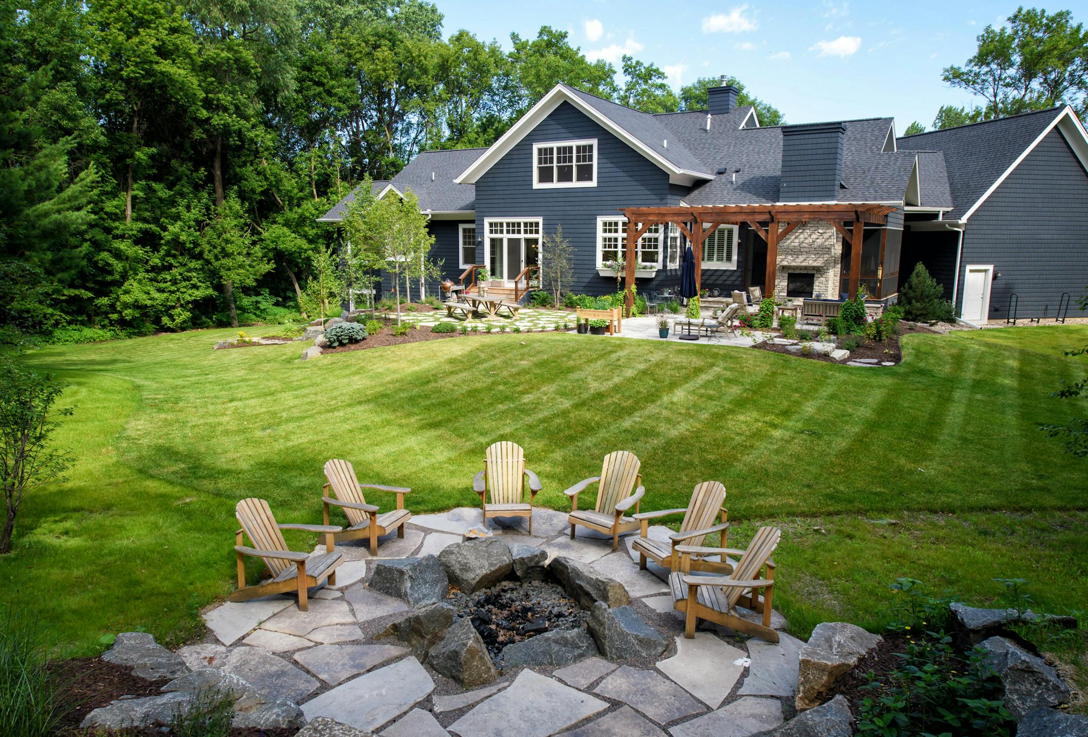 Back of the house with fire pit. ] GLEN STUBBE * gstubbe@startribune.com Wednesday, July 13, 2016 266246 Upsizing for grandkids. Empty-nester Jackie Chase built a bigger, kid-friendly house in Mendota Heights as a magnet for her grandkids.