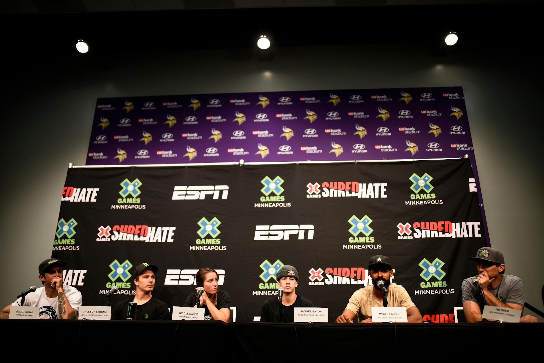 From left, skateboarder Elliot Sloan, moto x rider Jackson Strong, skateboarder Nicole Hause, skateboarder Jagger Eaton, BMX rider Mykel Larrin and X Games Vice President Tim Reed took part in a panel Wednesday at US Bank Stadium.