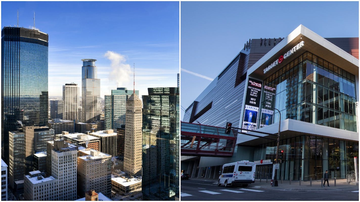 Minneapolis skyline (left) and Target Center