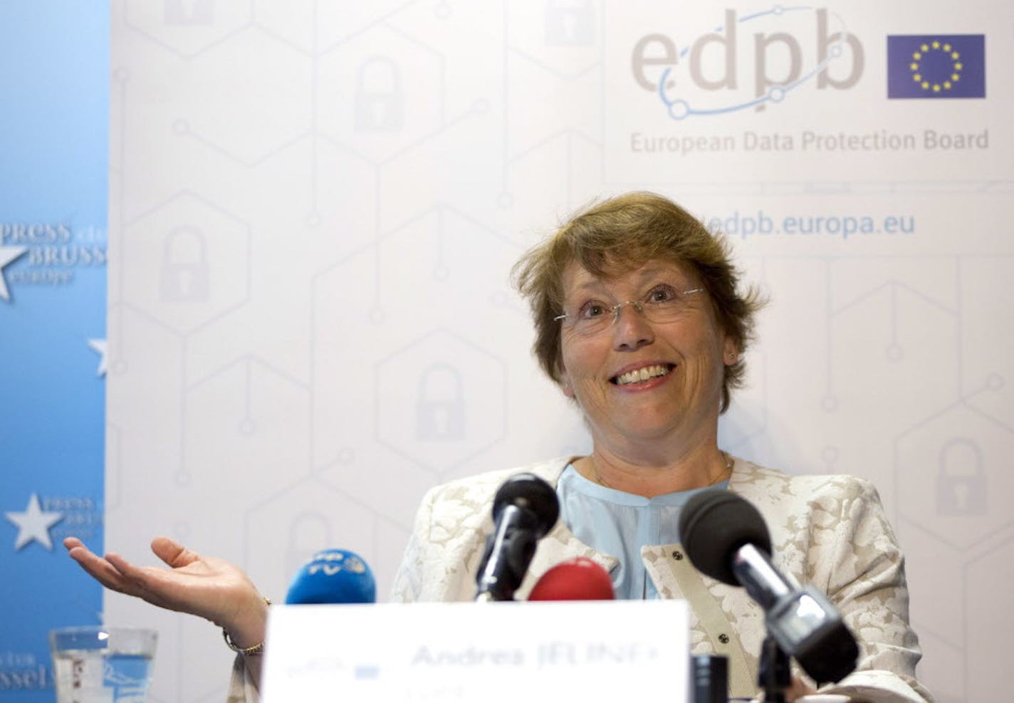 Andrea Jelinek, Chair of the European Data Protection Board, speaks during a media conference on the occasion of the entry into application of the General Data Protection Regulation in Brussels on Friday, May 25, 2018. Starting Friday, companies that collect or process the personal information of EU residents must take a number of extra precautions to comply with the new General Data Protection Regulation, which the EU calls the most sweeping change in data protection rules in a generation. (AP