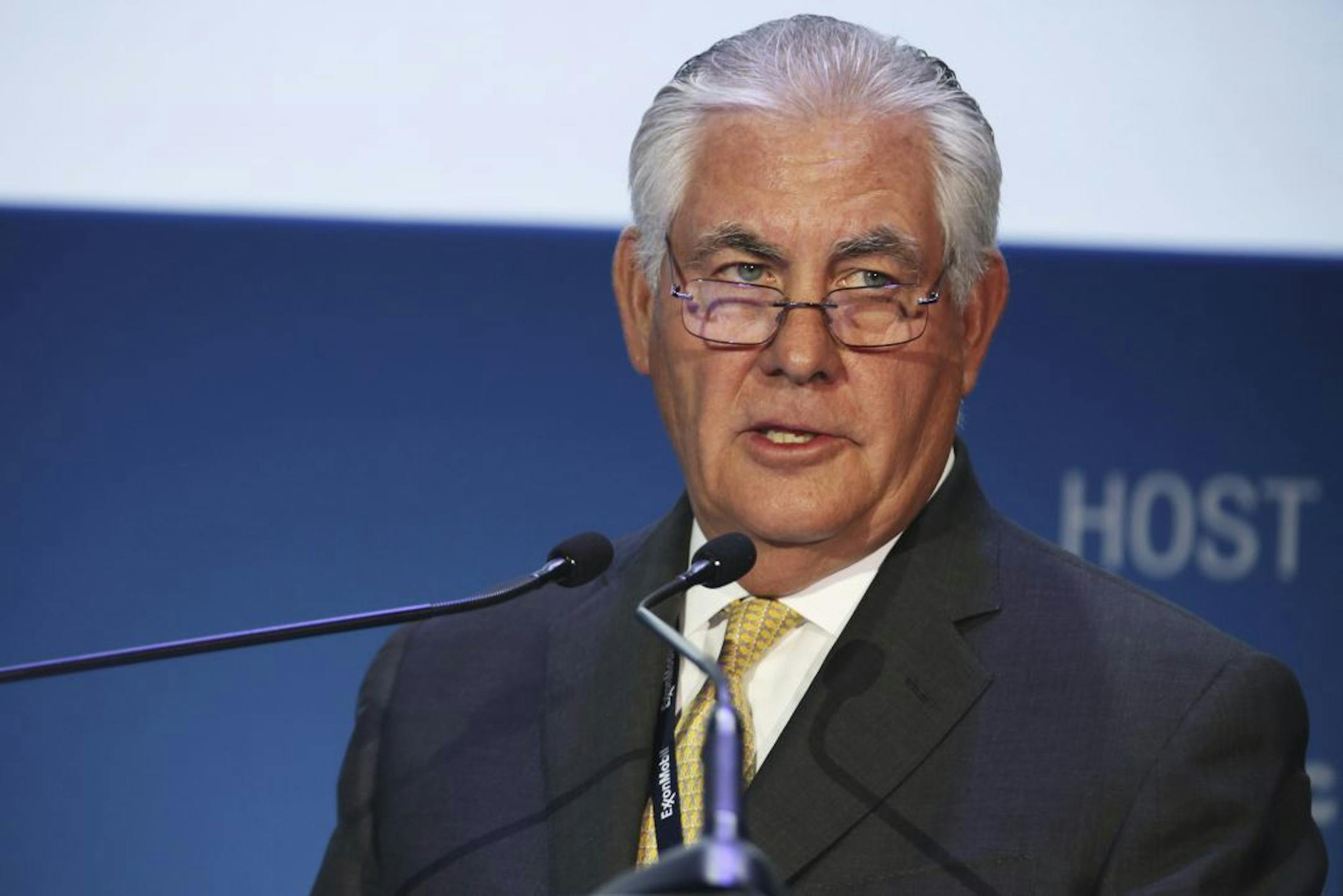 In this Nov. 7, 2016, photo, ExxonMobil CEO and chairman Rex W. Tillerson gives a speech at the annual Abu Dhabi International Petroleum Exhibition & Conference in Abu Dhabi, United Arab Emirates.