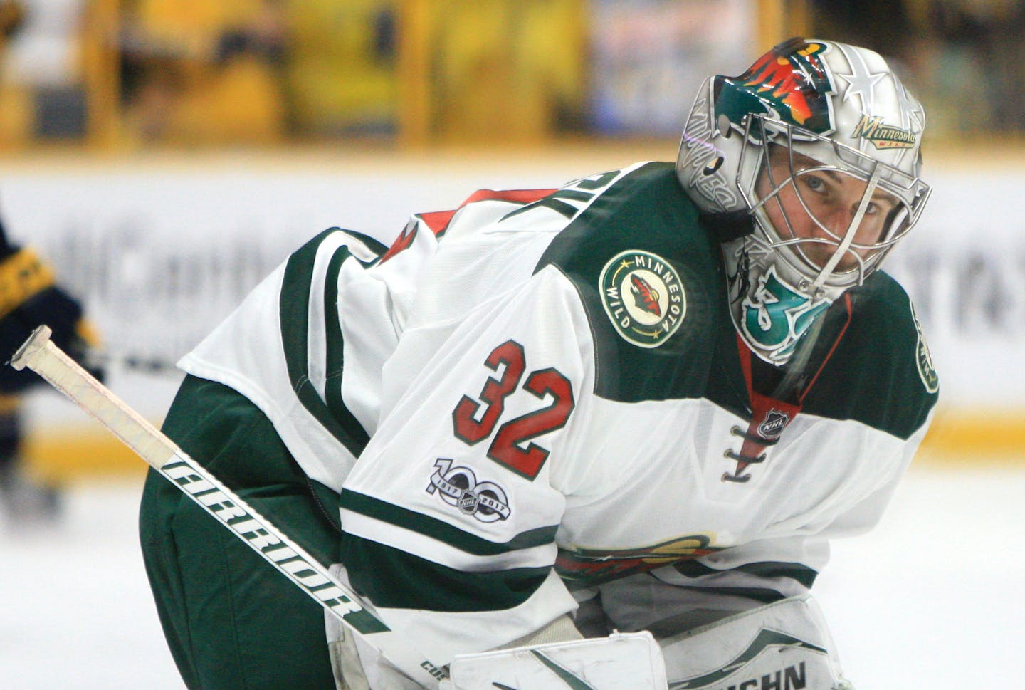 NASHVILLE, TN - APRIL 01: The artwork on the mask of Minnesota goalie Alex Stalock (32) is shown during the NHL game between the Nashville Predators and the Minnesota Wild, held on April 1, 2017, at Bridgestone Arena in Nashville, Tennessee. (Photo by Danny Murphy/Icon Sportswire) (Icon Sportswire via AP Images) ORG XMIT: 268400