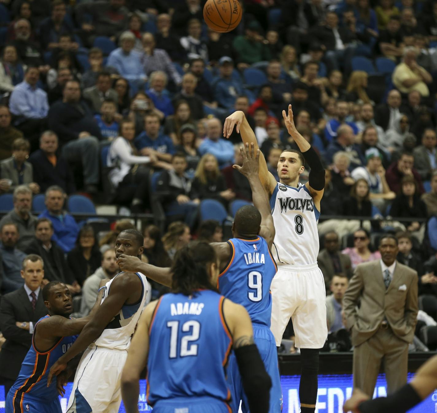 Timberwolves guard Zach LaVine (8) hit a three point shot to bring the Wolves within two points of the Thunder in the fourth quarter Wednesday night. He led all scorers with 35 points.