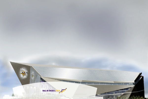 This image released Friday by the Minnesota Vikings shows the Metrodome drawn to scale in front of a rendering of the new $1 billion stadium. The Viki