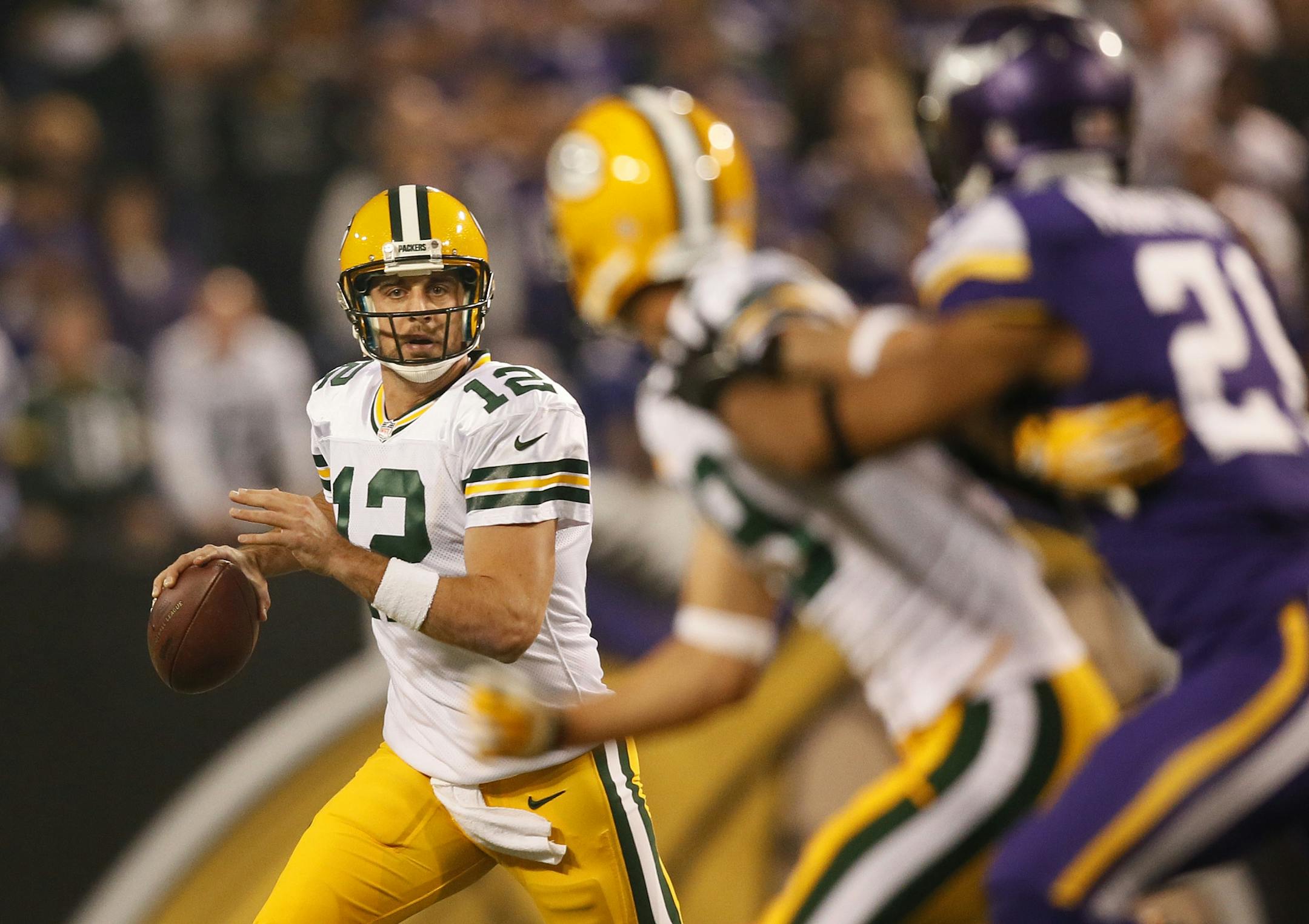 The Minnesota Vikings faced the Green Bay Packers in an NFL game Sunday night, October 27, 2013 at Mall of America Field in Minneapolis. Green Bay quarterback Aaron Rodgers in the 1st half.