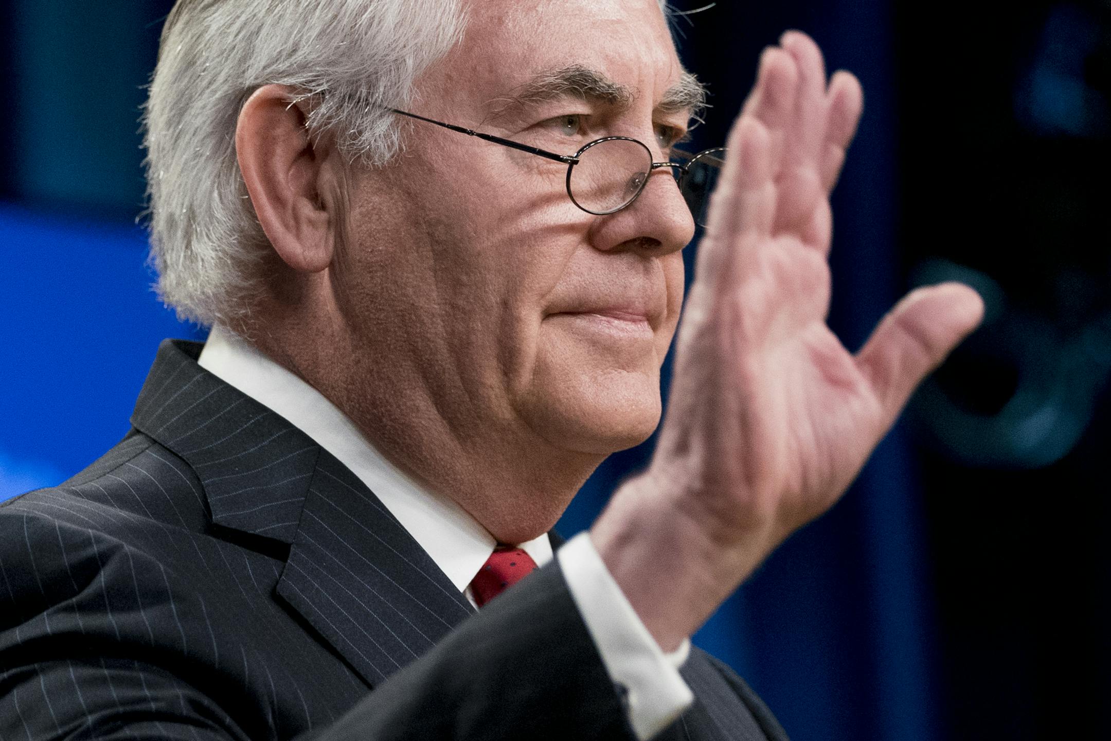 Secretary of State Rex Tillerson waves goodbye after speaking at a news conference at the State Department in Washington, Tuesday, March 13, 2018. Trump fired Secretary of State Rex Tillerson on Tuesday and said he would nominate CIA Director Mike Pompeo to replace him, in a major staff reshuffle just as Trump dives into high-stakes talks with North Korea. (AP Photo/Andrew Harnik)