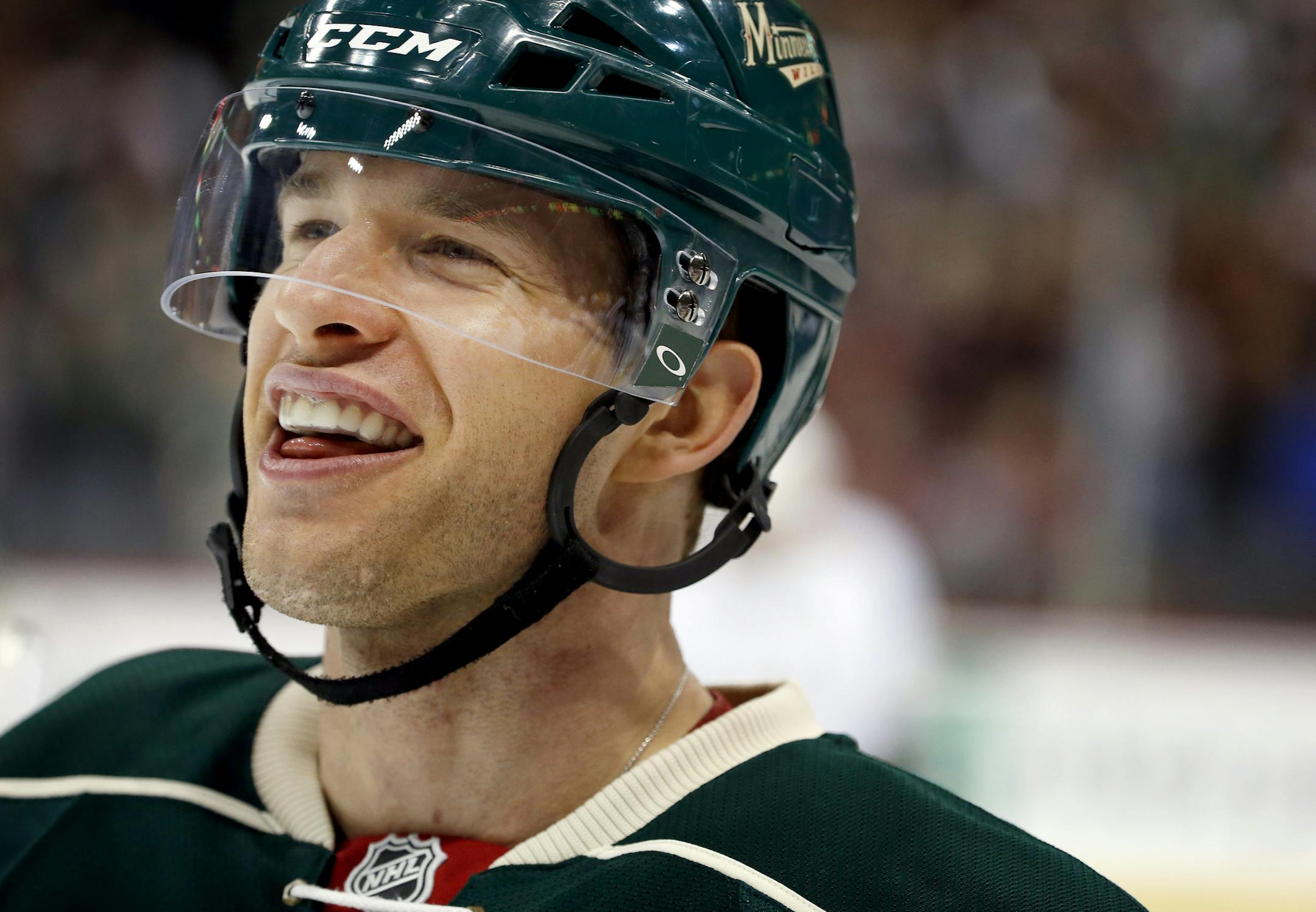 Jason Pominville (29) smiled as he skated back to the bench after scoring a goal in the first period. ] CARLOS GONZALEZ cgonzalez@startribune.com - April 13, 2014, St. Paul, Minn., Xcel Energy Center, NHL, Minnesota Wild vs Nashville Predators