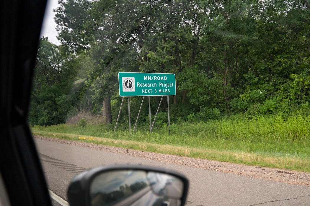 A sign for MnROAD as seen on Interstate 94.