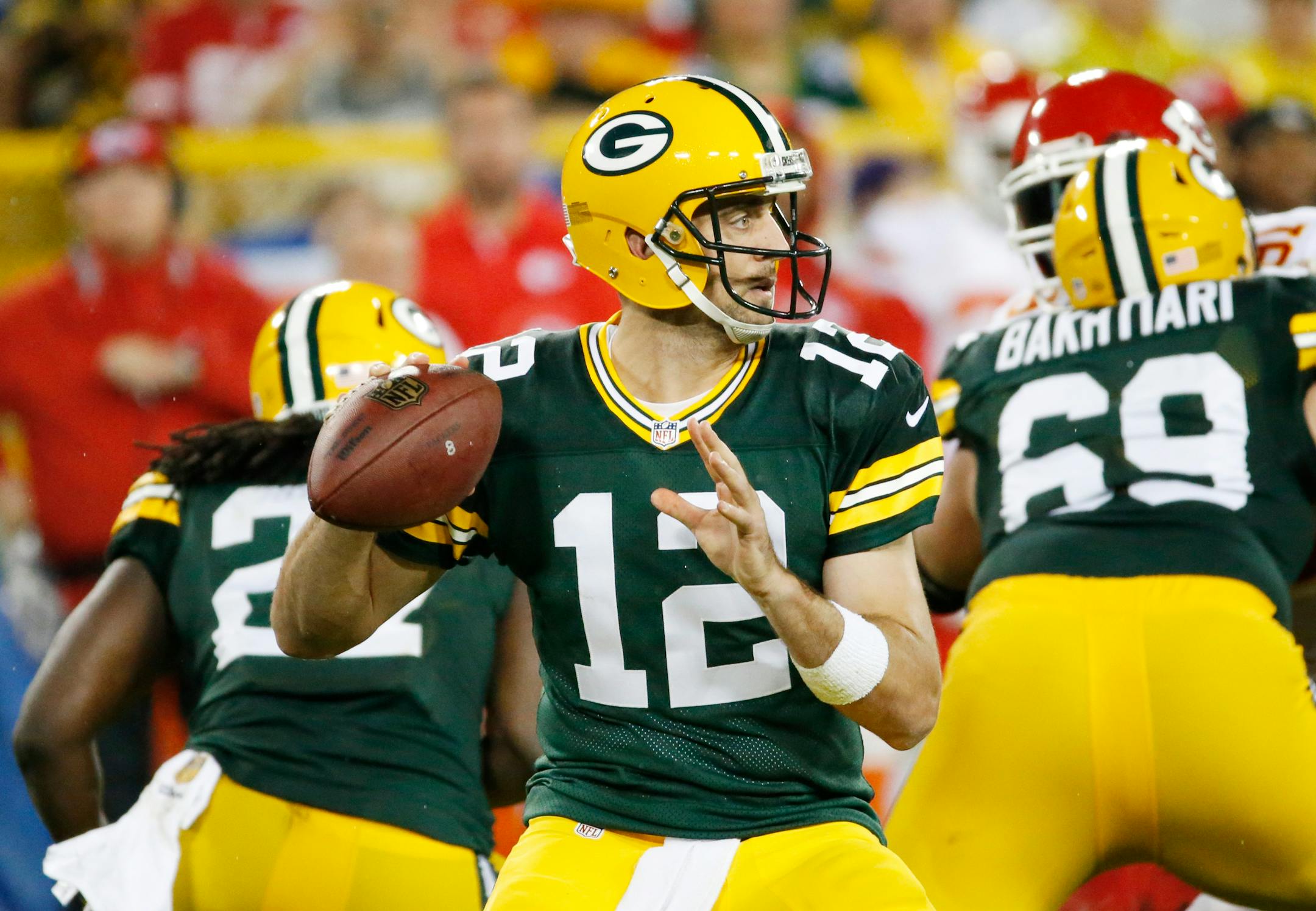 Packers quarterback Aaron Rodgers passed for five touchdowns against the Chiefs on Monday night.