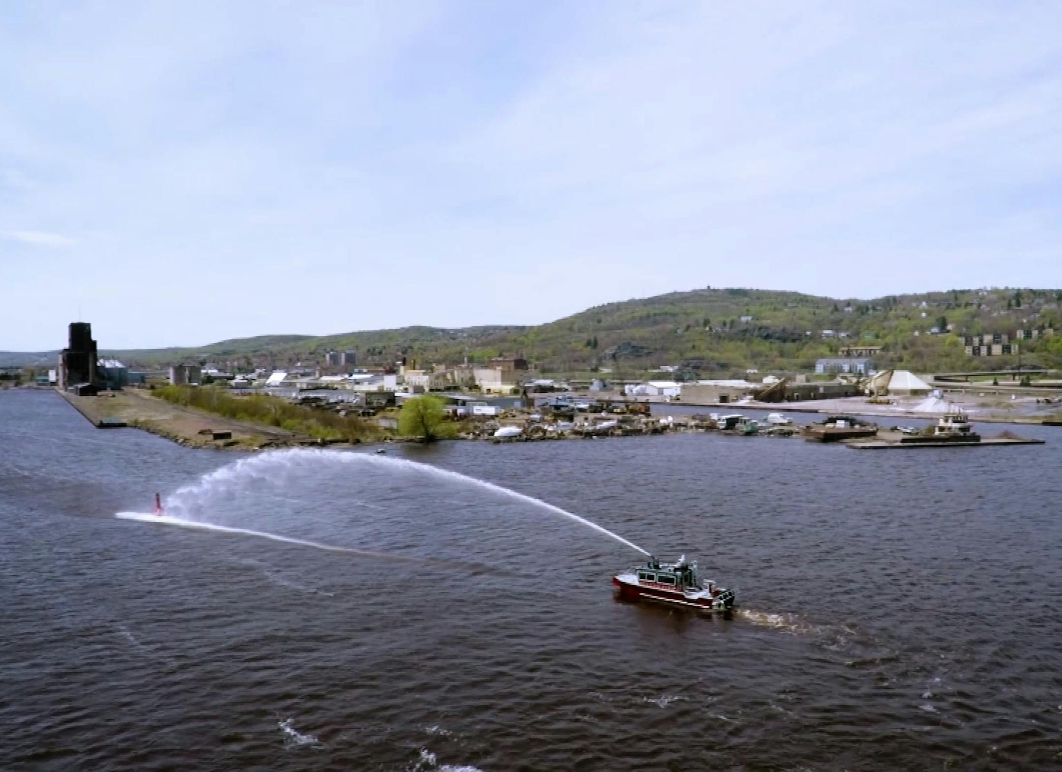 Marine 19, Duluth's new firefighting and rescue boat, shoots water during a training session
