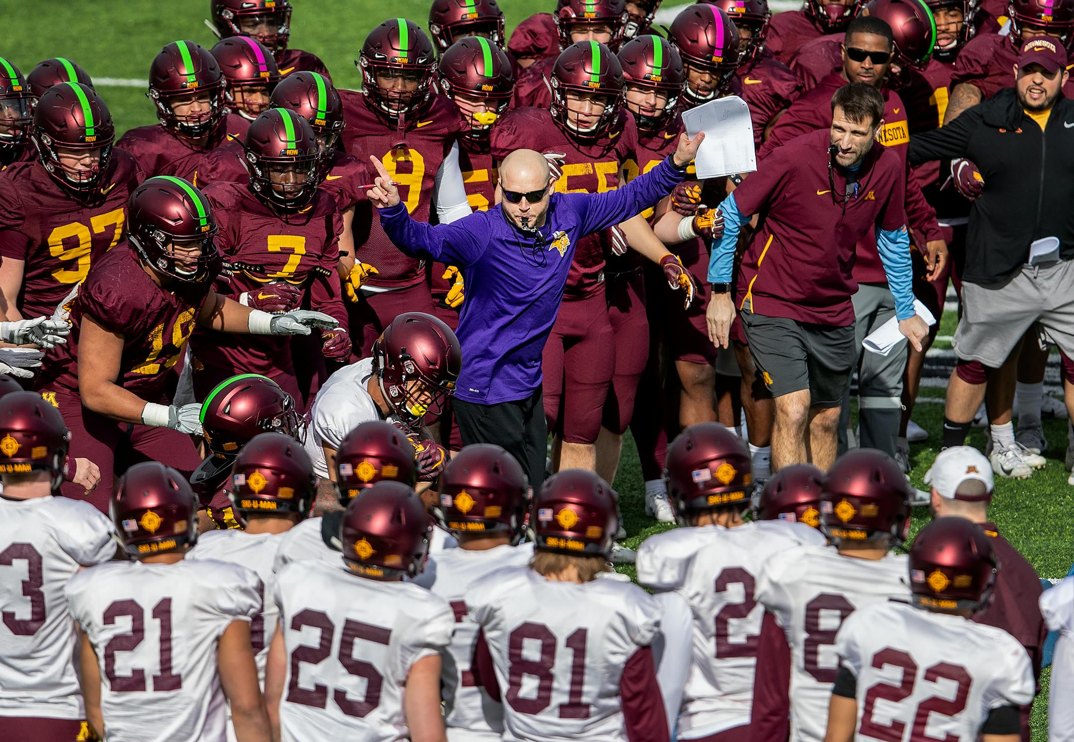 Gophers football coach P.J. Fleck prepared the team for a tackling drill during spring practice in April.